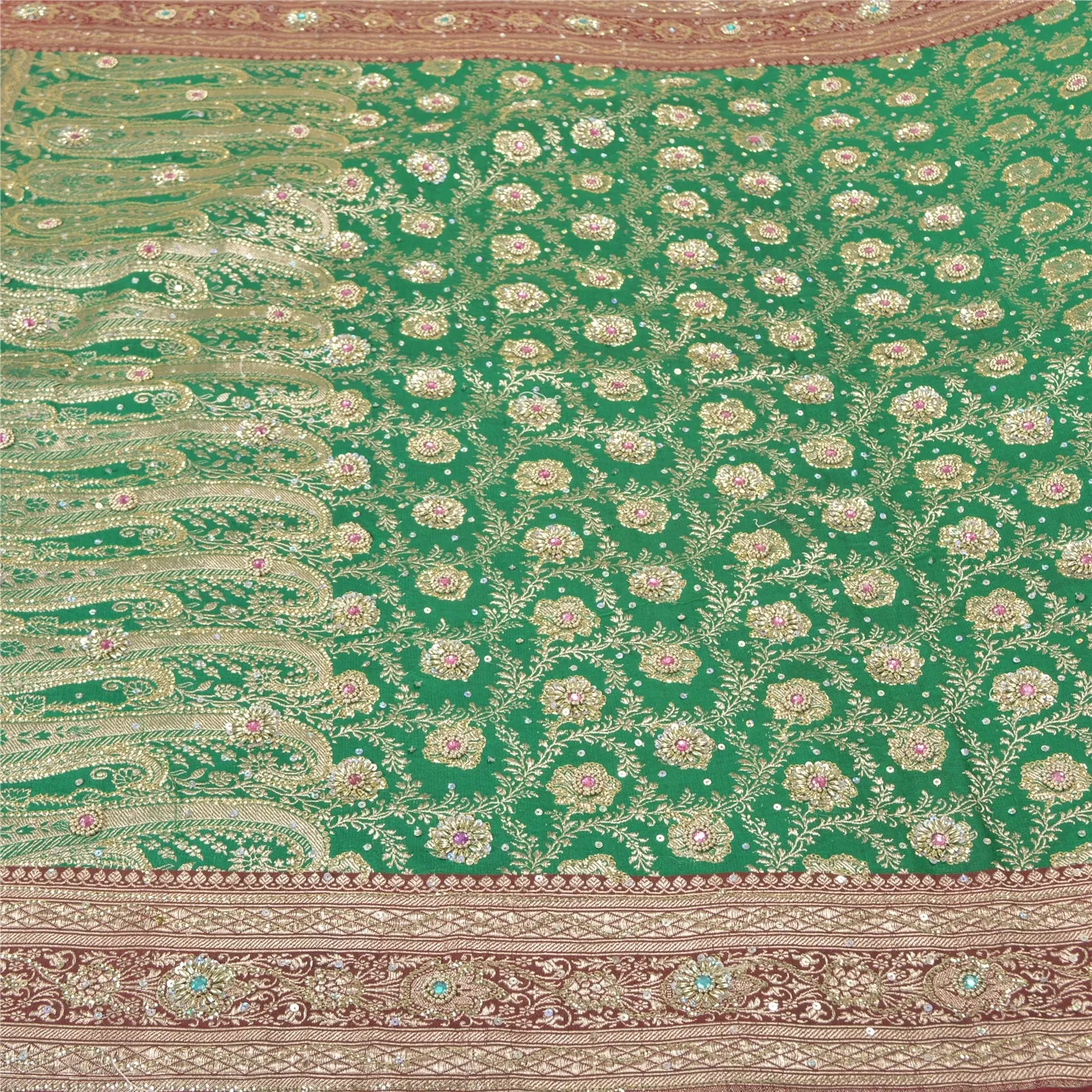 Sanskriti Vintage Green/Red Sarees Pure Satin Beads Brocade/Banarasi Sari Fabric