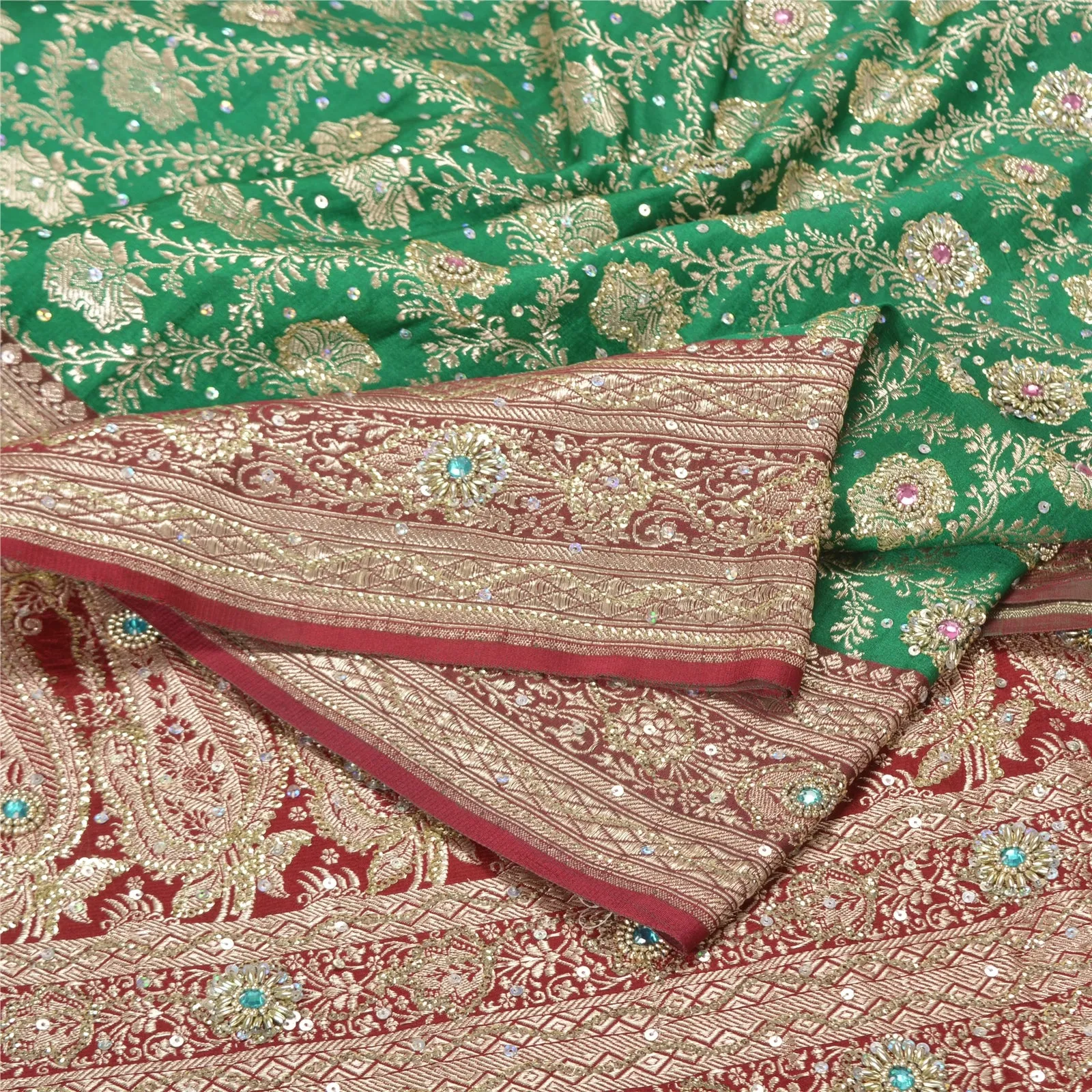 Sanskriti Vintage Green/Red Sarees Pure Satin Beads Brocade/Banarasi Sari Fabric