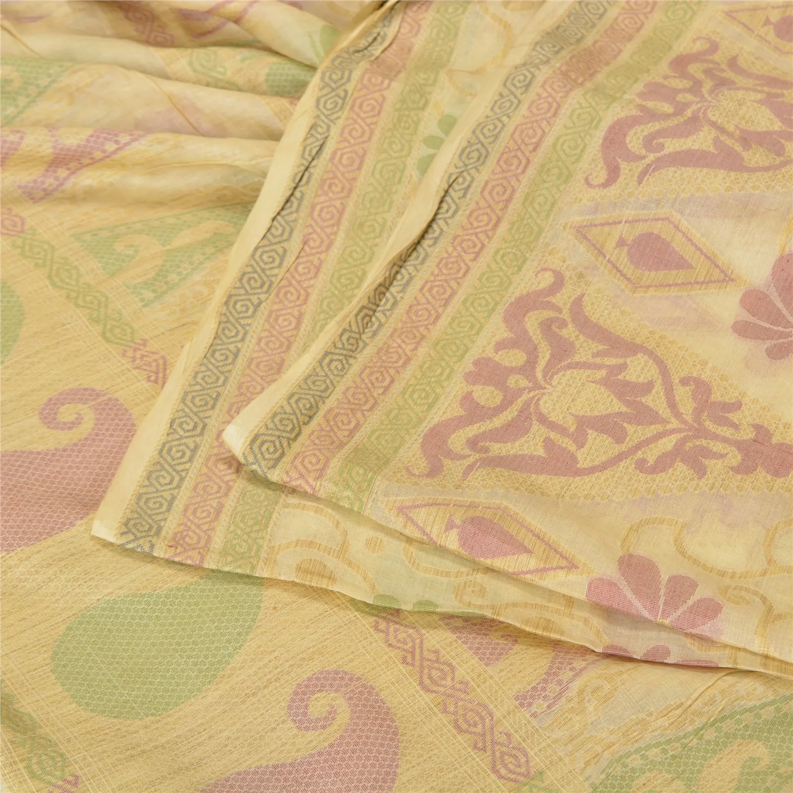 Sanskriti Vintage Ivory Indian Sarees 100% Pure Silk Woven Sari Craft Fabric