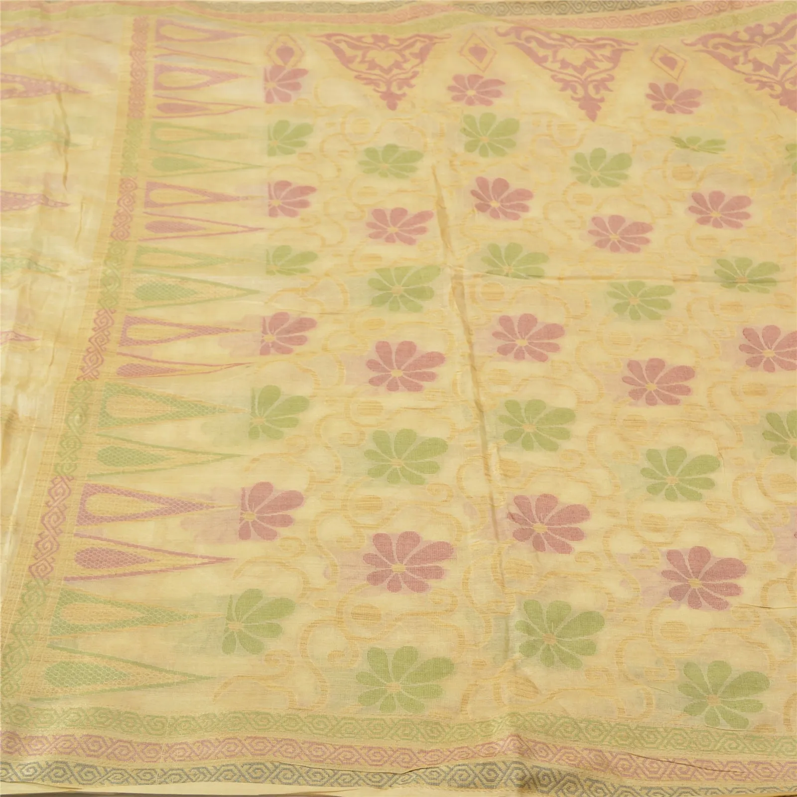 Sanskriti Vintage Ivory Indian Sarees 100% Pure Silk Woven Sari Craft Fabric