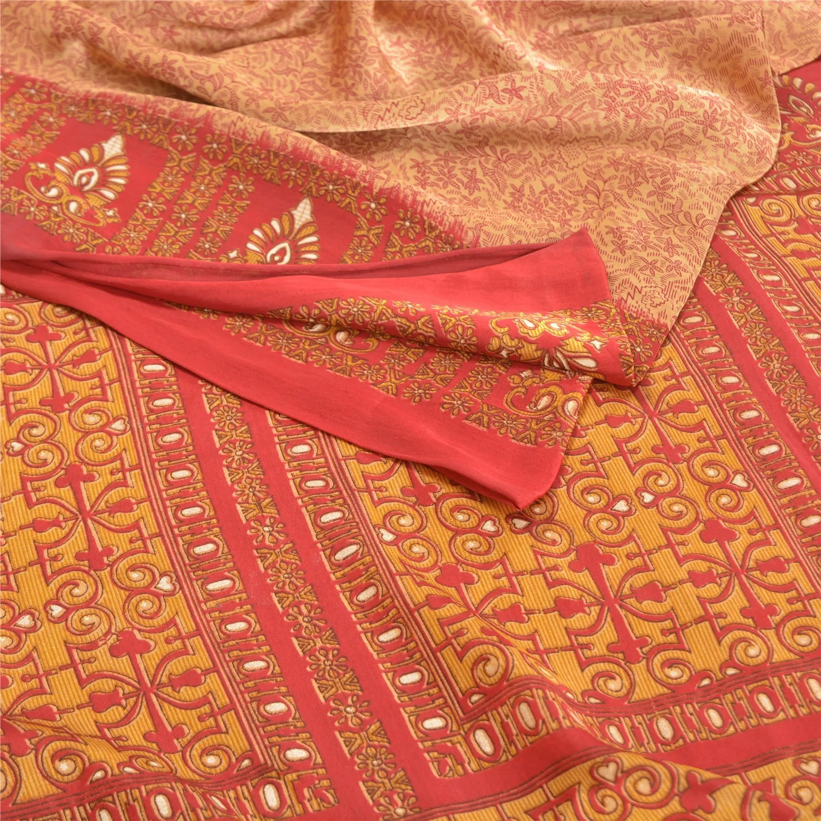 Sanskriti Vintage Peach Sarees Moss Crepe Printed Sari Soft Floral Craft Fabric