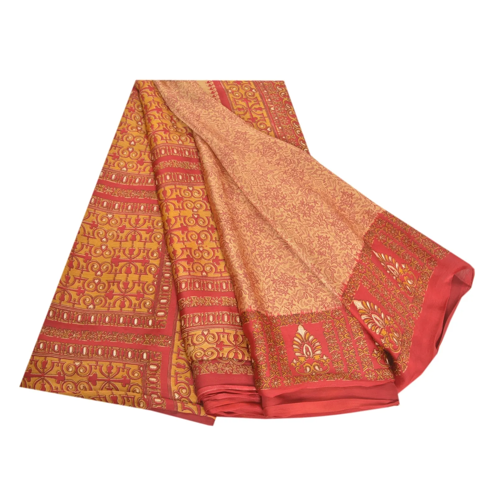 Sanskriti Vintage Peach Sarees Moss Crepe Printed Sari Soft Floral Craft Fabric