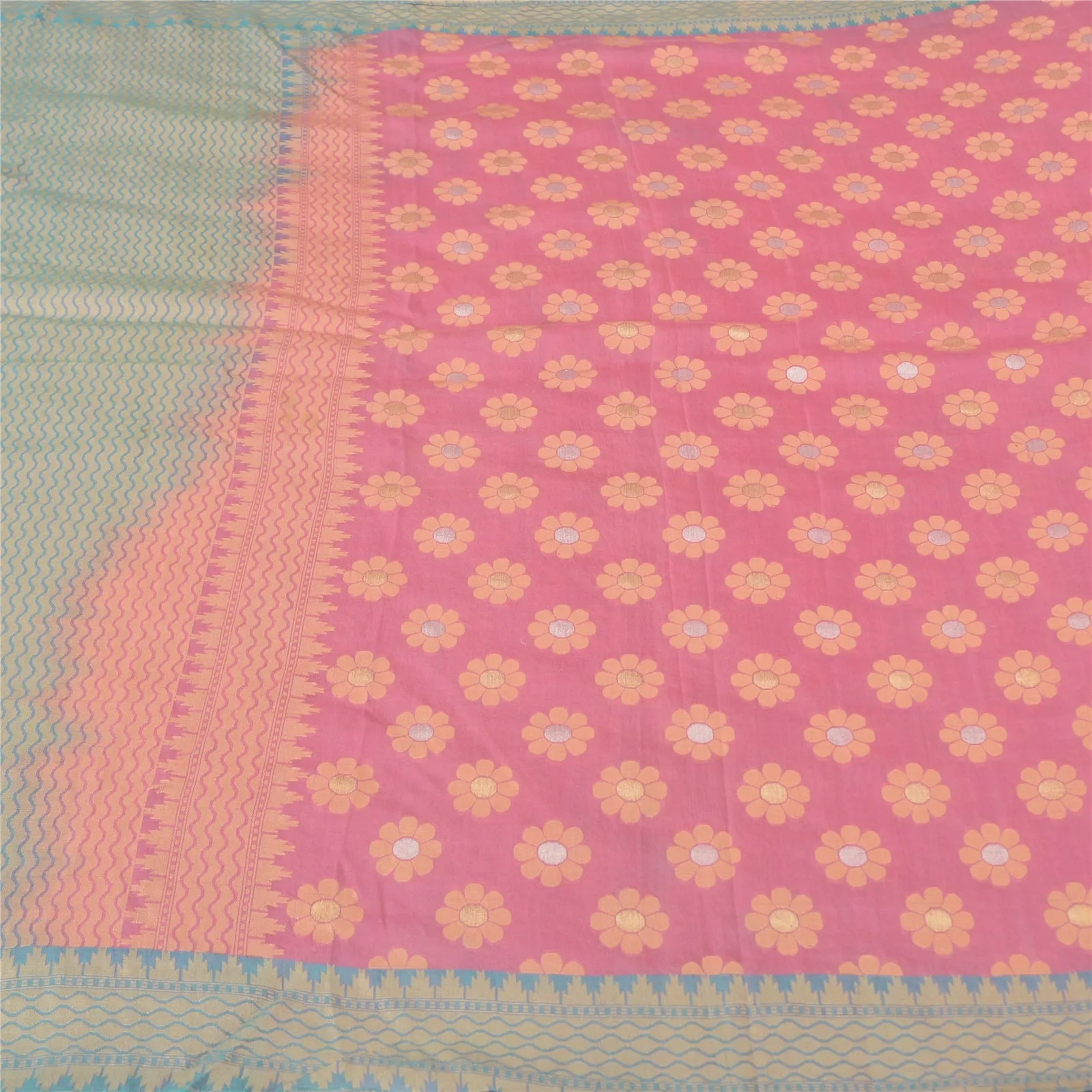 Sanskriti Vintage Pink/Blue Indian Sarees Pure Silk Woven Premium Sari Fabric