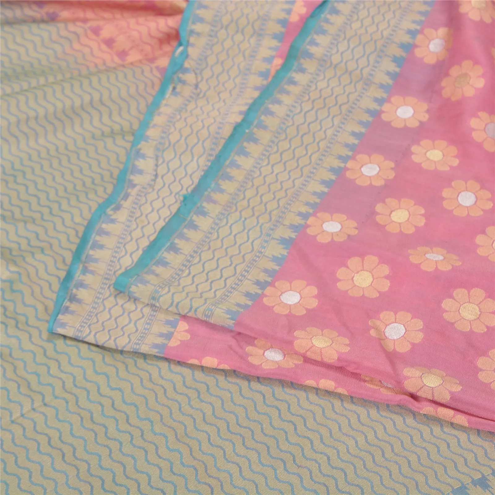 Sanskriti Vintage Pink/Blue Indian Sarees Pure Silk Woven Premium Sari Fabric