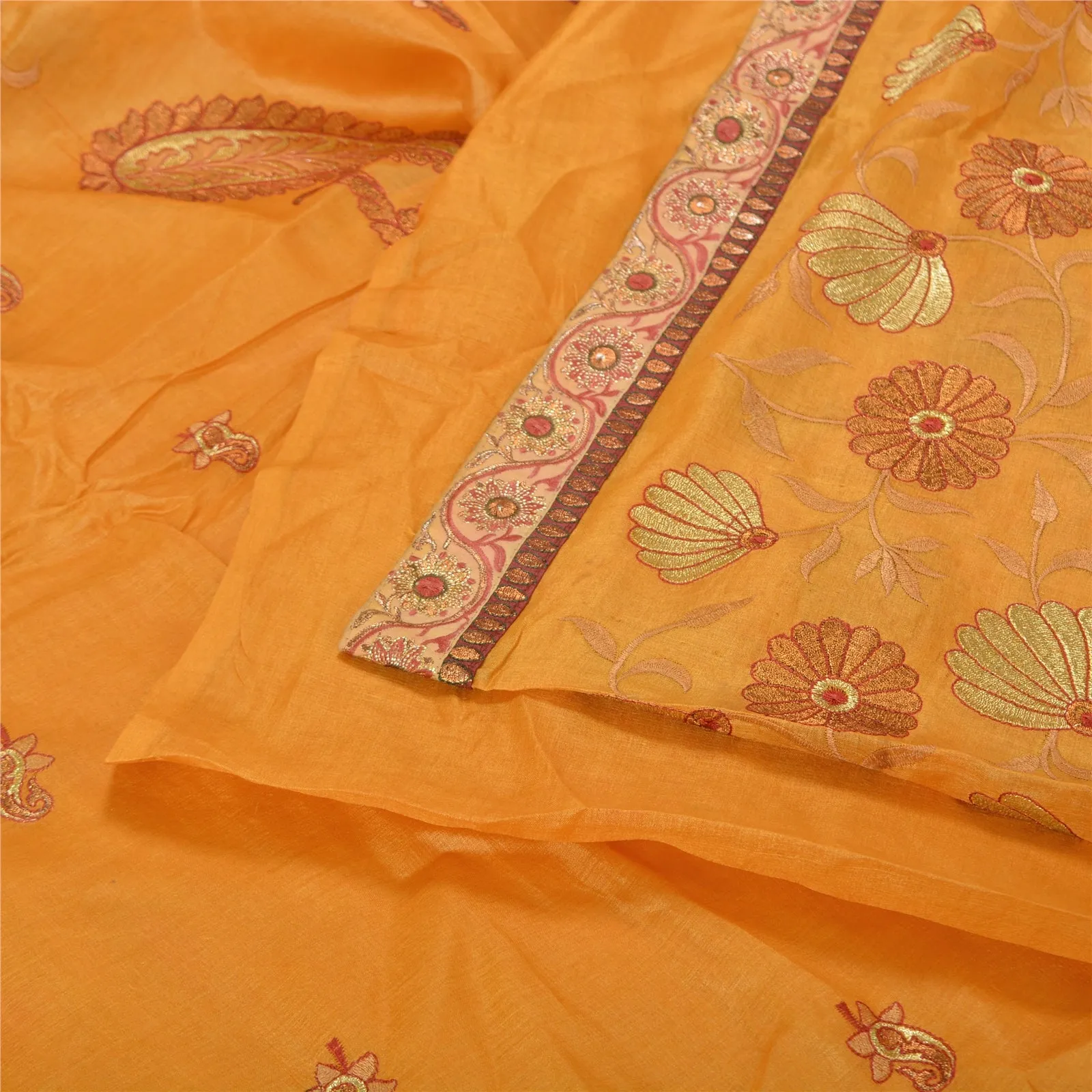 Sanskriti Vintage Saffron Sarees 100% Pure Silk Embroidered Premium Sari Fabric