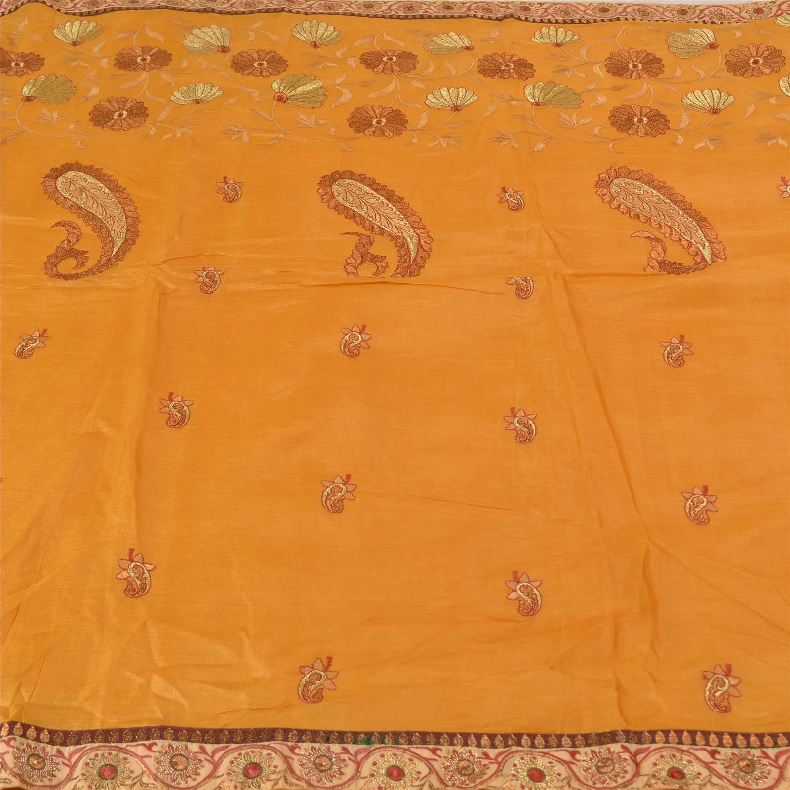 Sanskriti Vintage Saffron Sarees 100% Pure Silk Embroidered Premium Sari Fabric