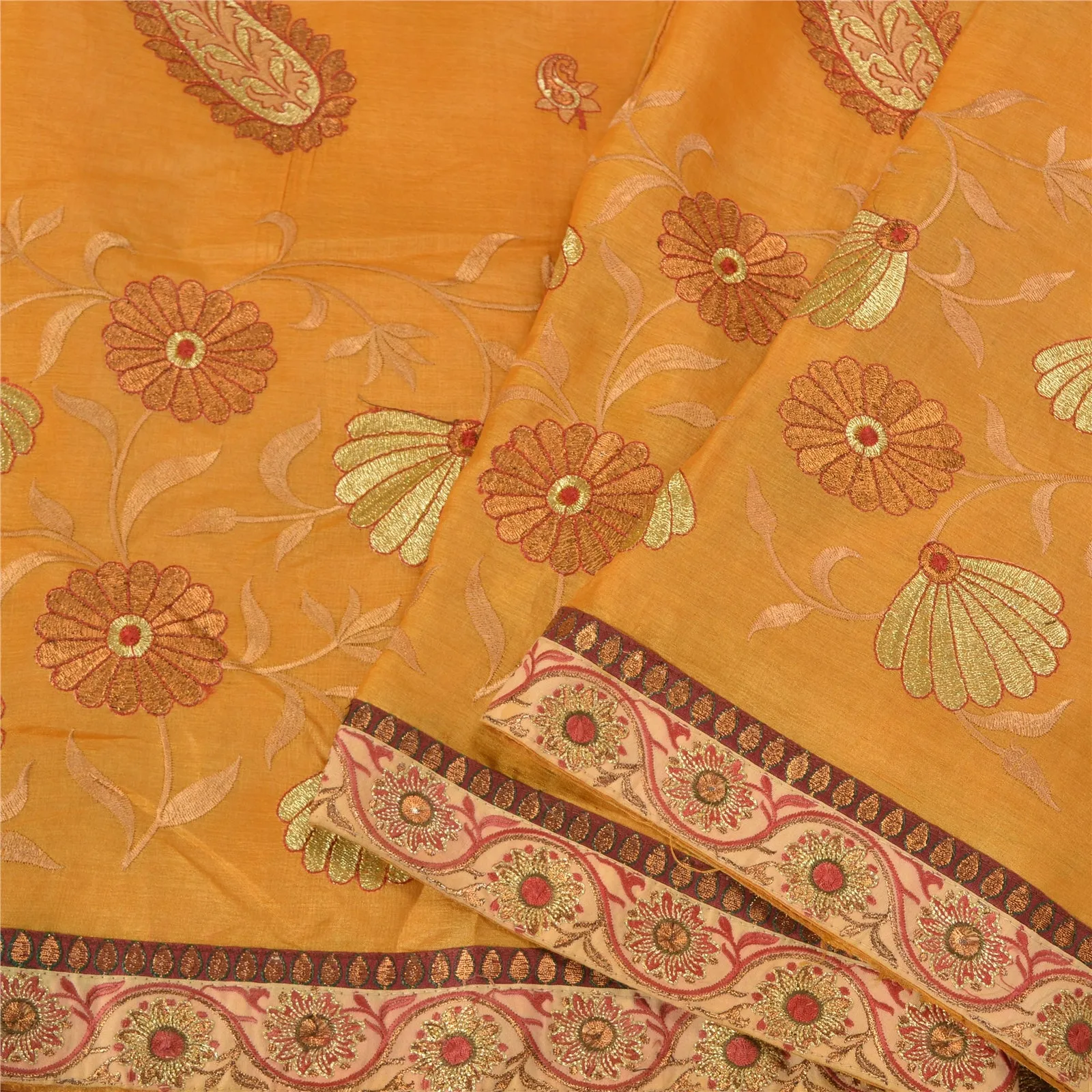 Sanskriti Vintage Saffron Sarees 100% Pure Silk Embroidered Premium Sari Fabric