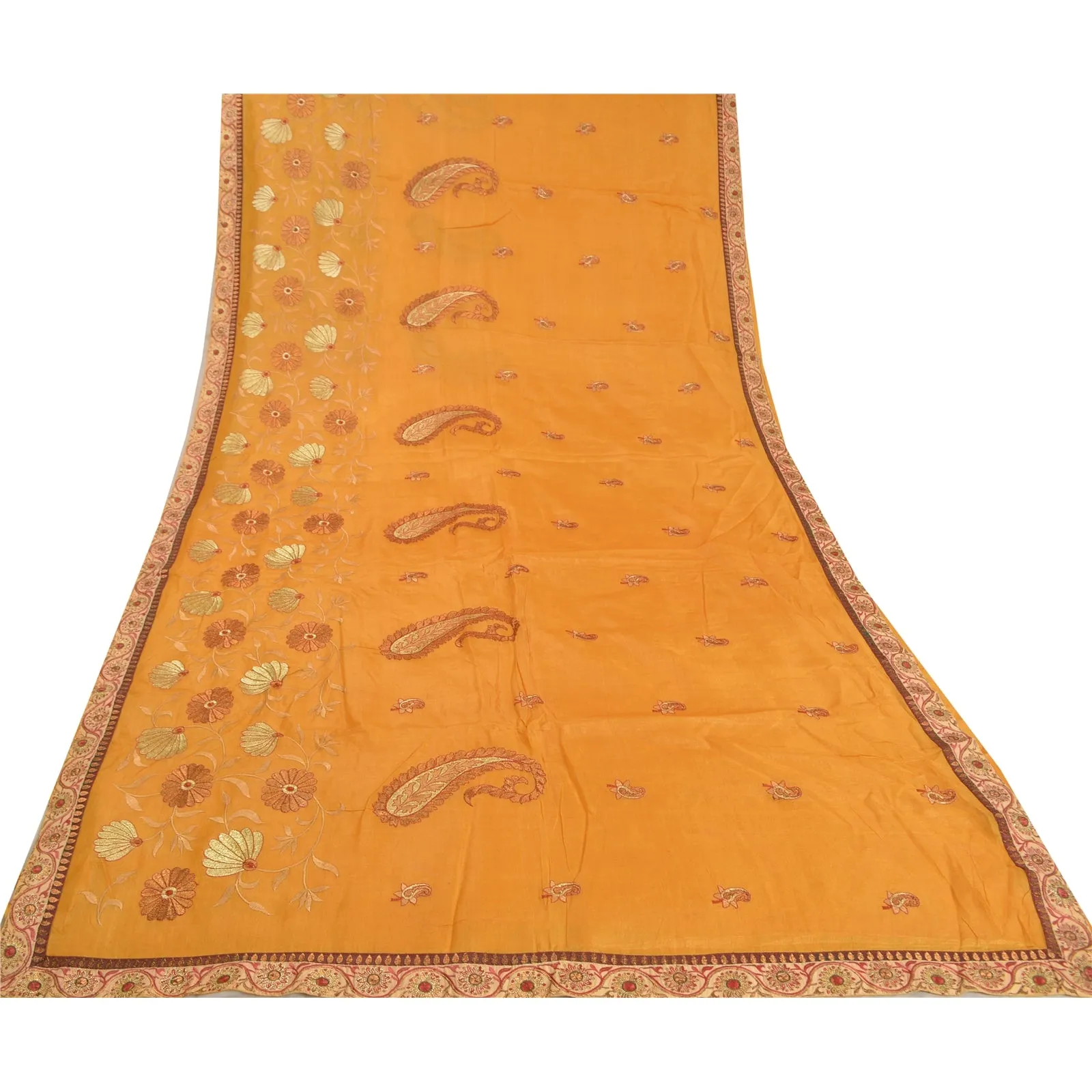 Sanskriti Vintage Saffron Sarees 100% Pure Silk Embroidered Premium Sari Fabric