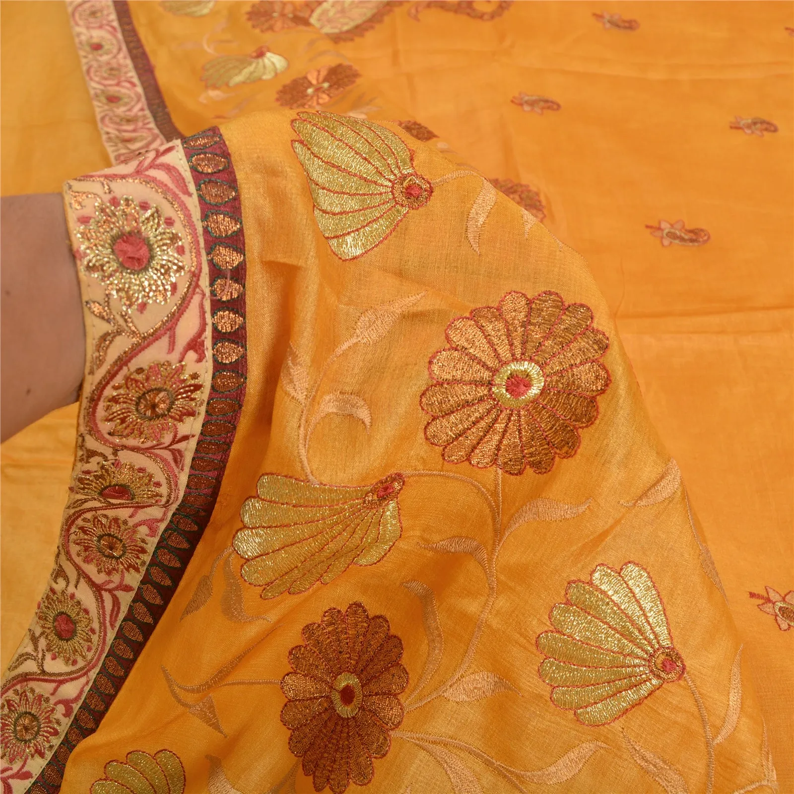 Sanskriti Vintage Saffron Sarees 100% Pure Silk Embroidered Premium Sari Fabric