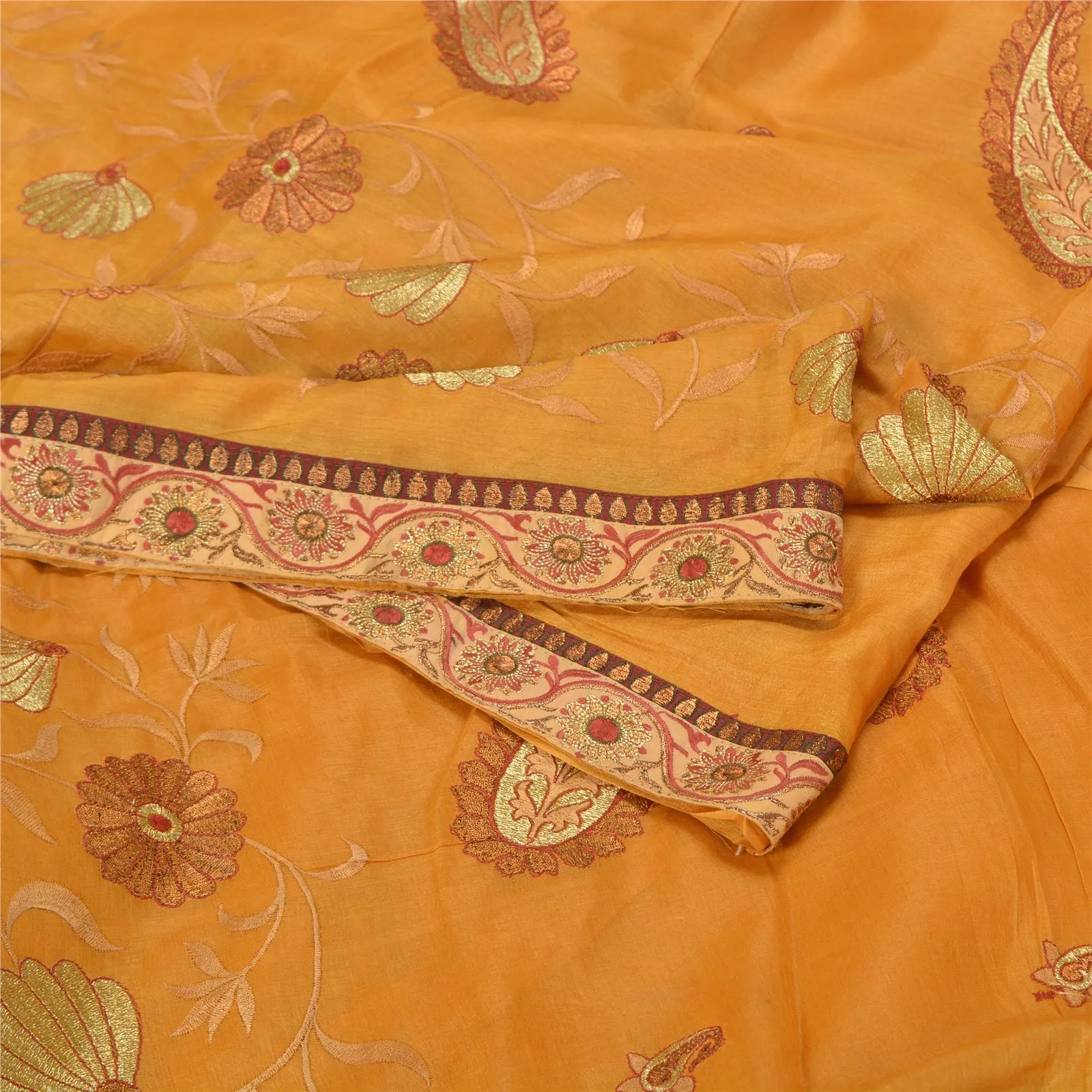 Sanskriti Vintage Saffron Sarees 100% Pure Silk Embroidered Premium Sari Fabric