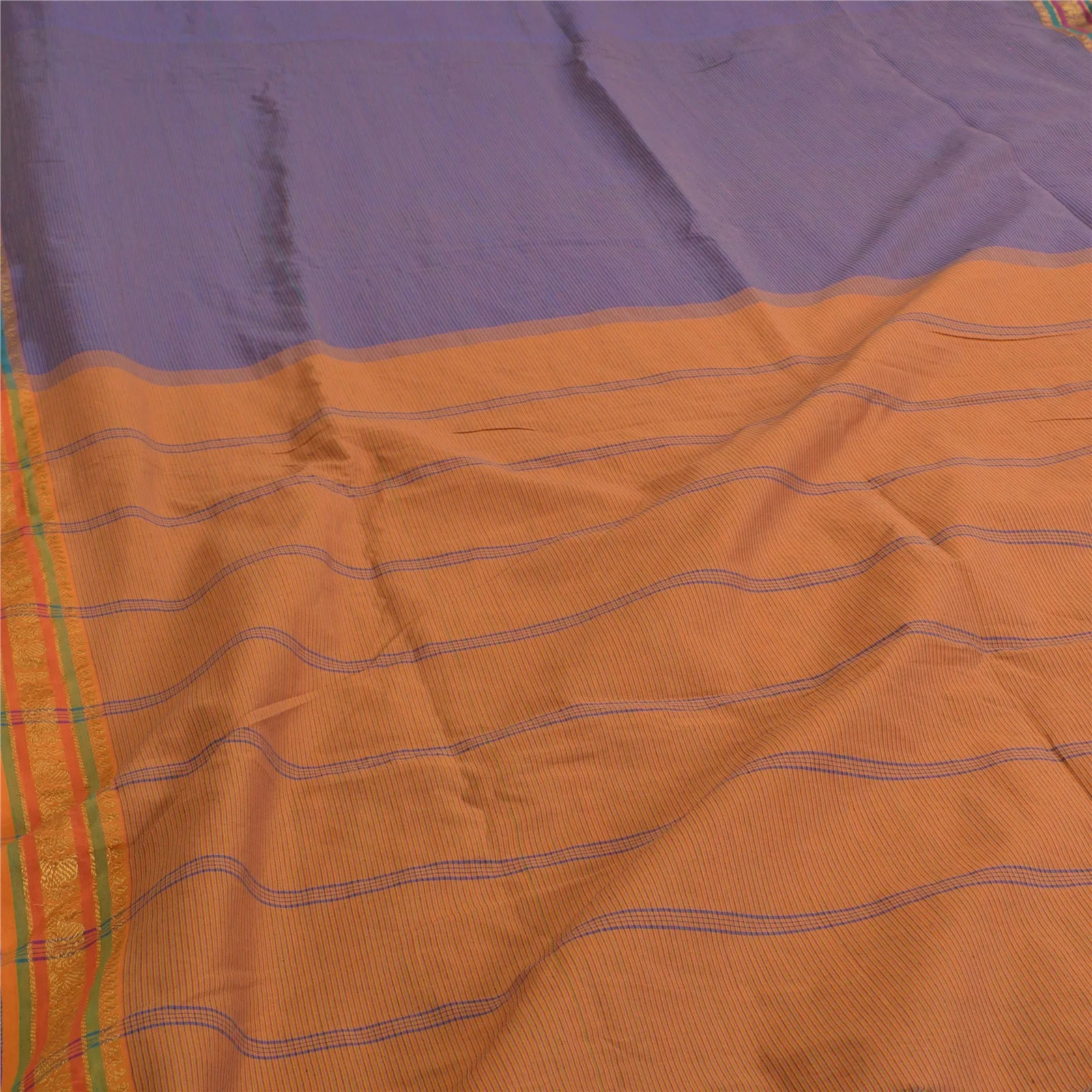 Sanskriti Vintage Saffron/Blue Sarees Blend Silk Woven Ilkal Premium Sari Fabric