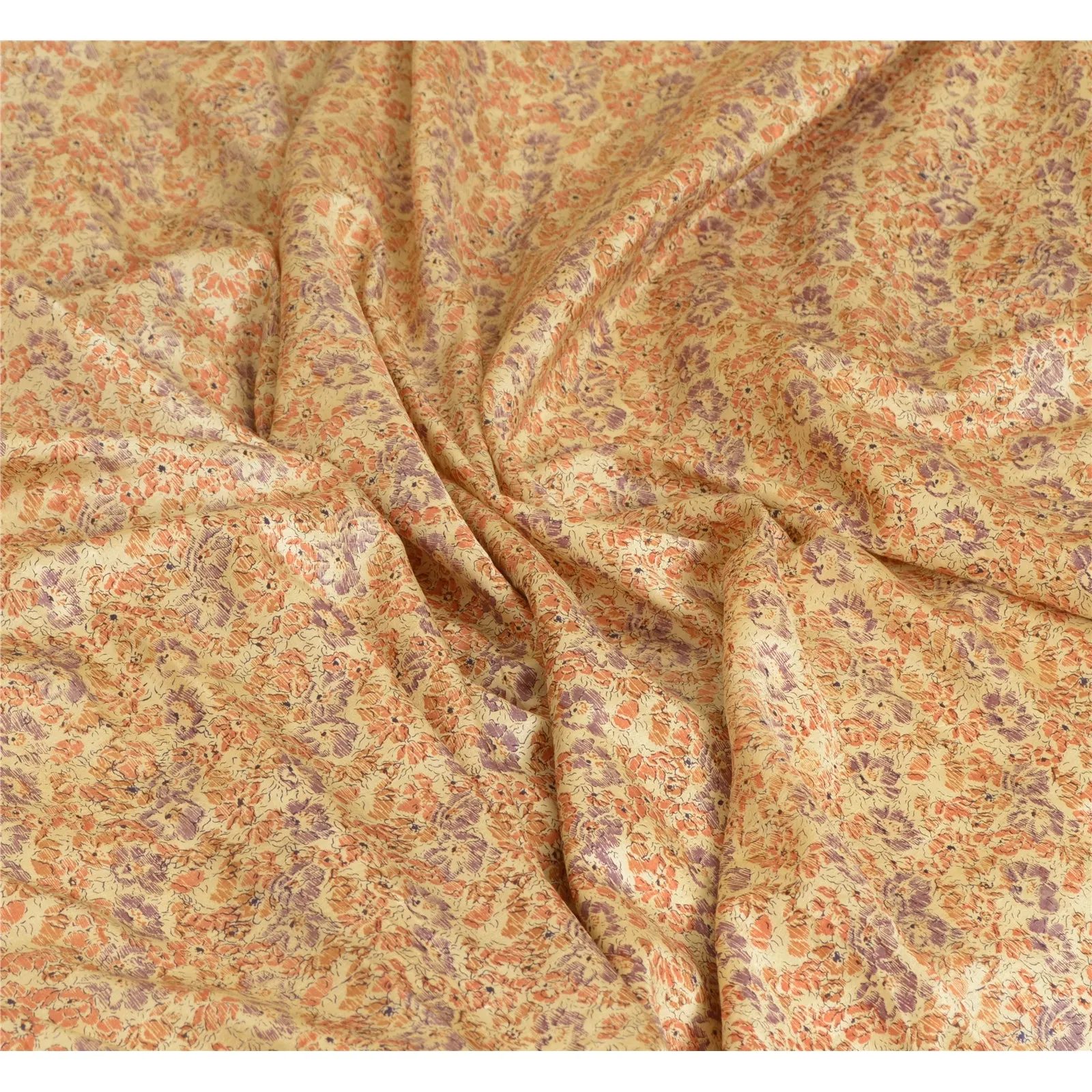 Sanskriti Vintage Sarees Beige 100% Pure Silk Sari Printed 5yd Soft Craft Fabric