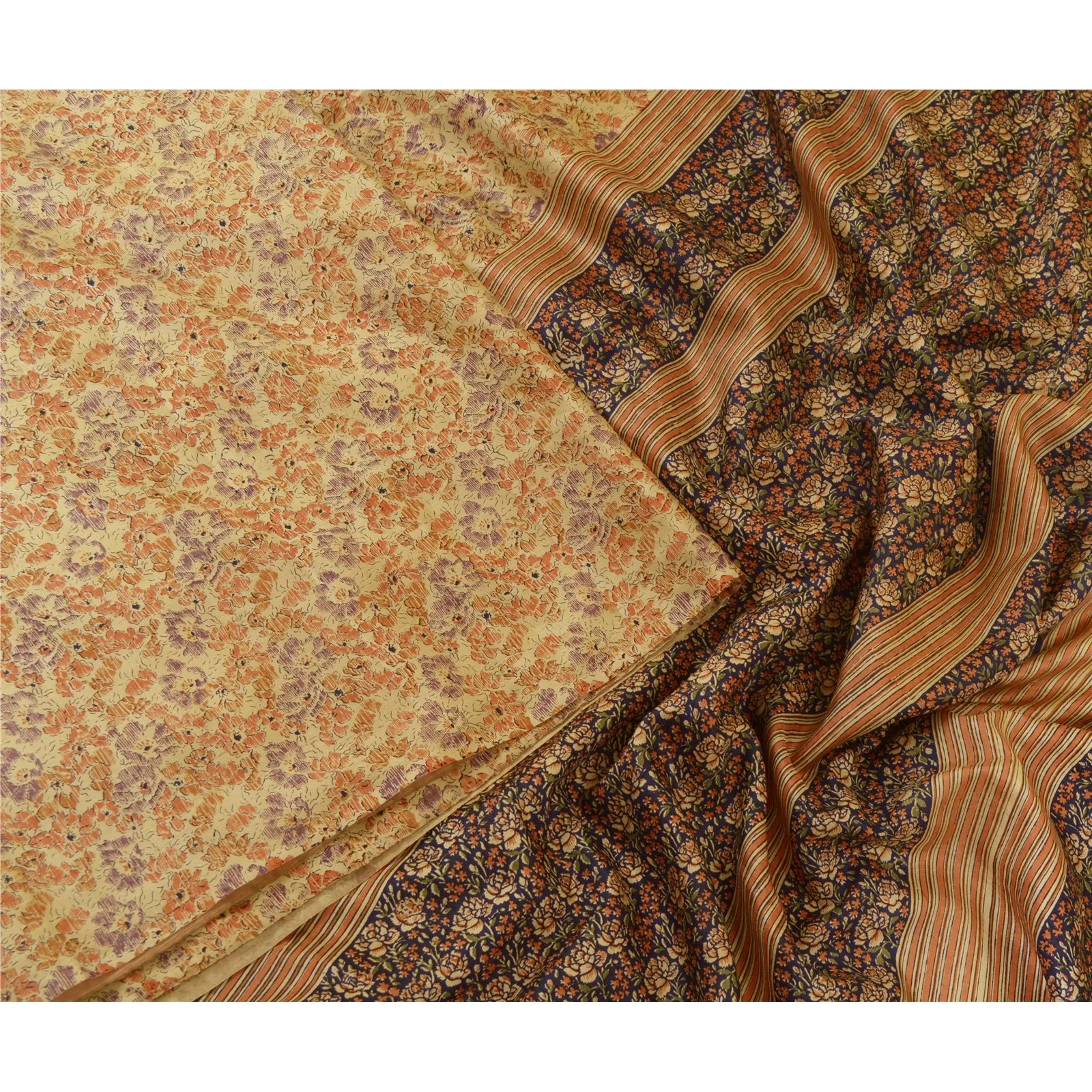 Sanskriti Vintage Sarees Beige 100% Pure Silk Sari Printed 5yd Soft Craft Fabric