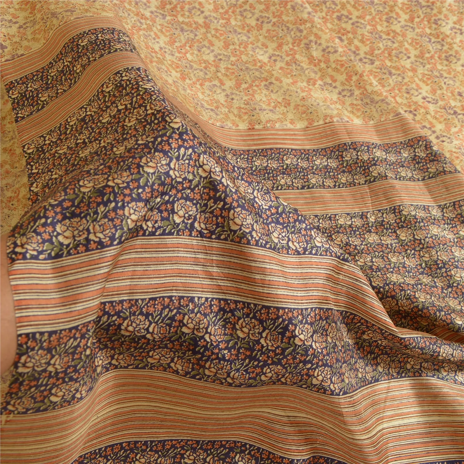 Sanskriti Vintage Sarees Beige 100% Pure Silk Sari Printed 5yd Soft Craft Fabric