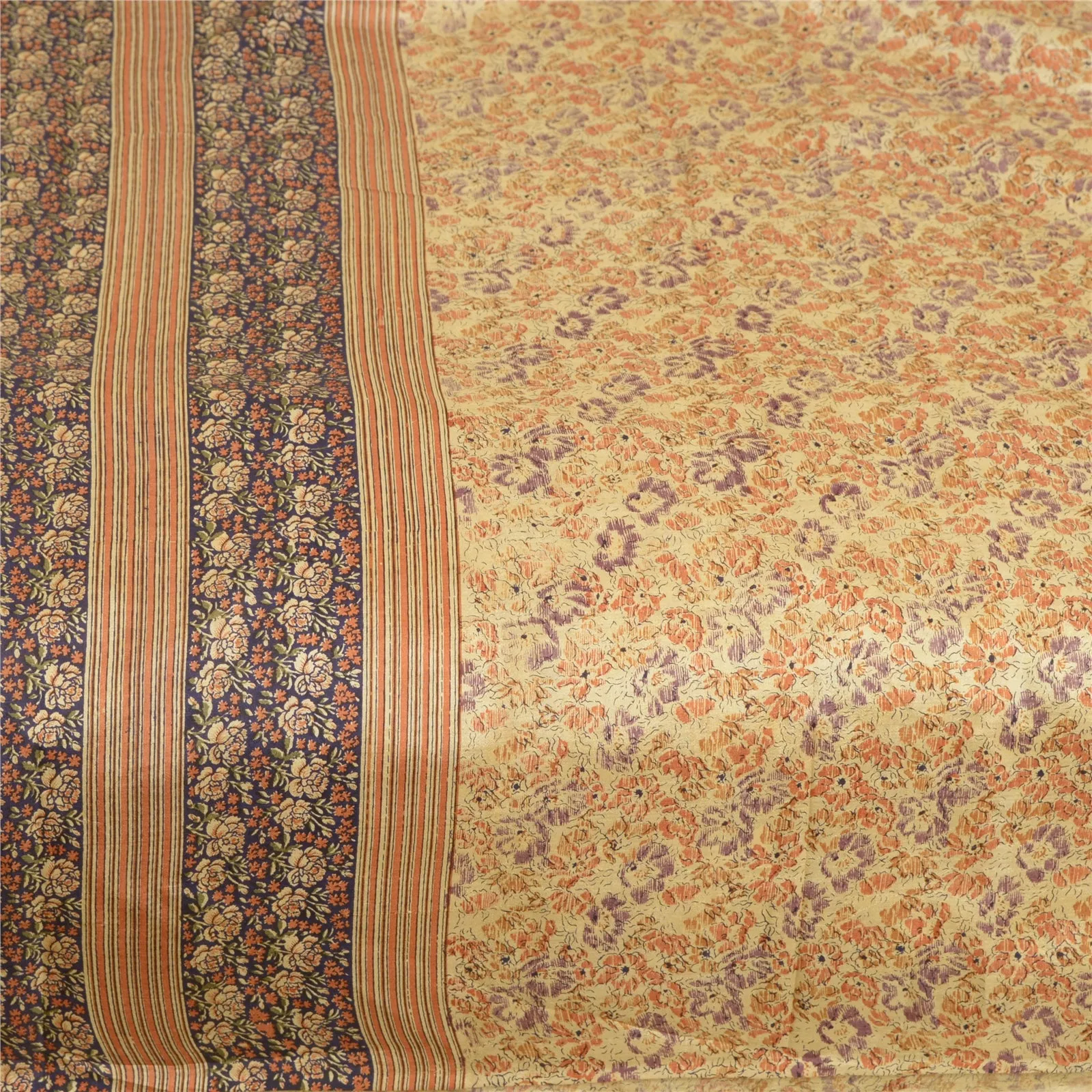 Sanskriti Vintage Sarees Beige 100% Pure Silk Sari Printed 5yd Soft Craft Fabric