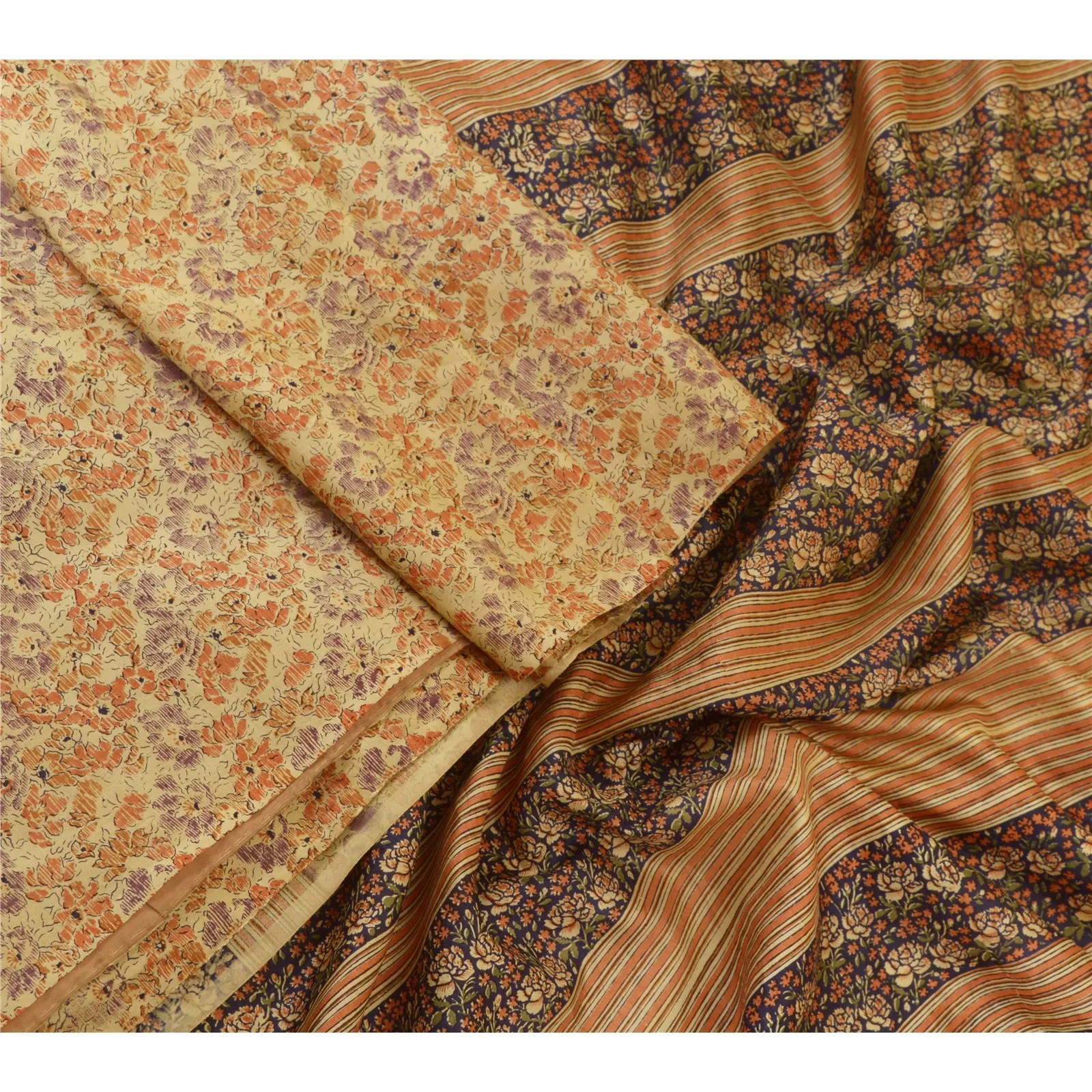 Sanskriti Vintage Sarees Beige 100% Pure Silk Sari Printed 5yd Soft Craft Fabric