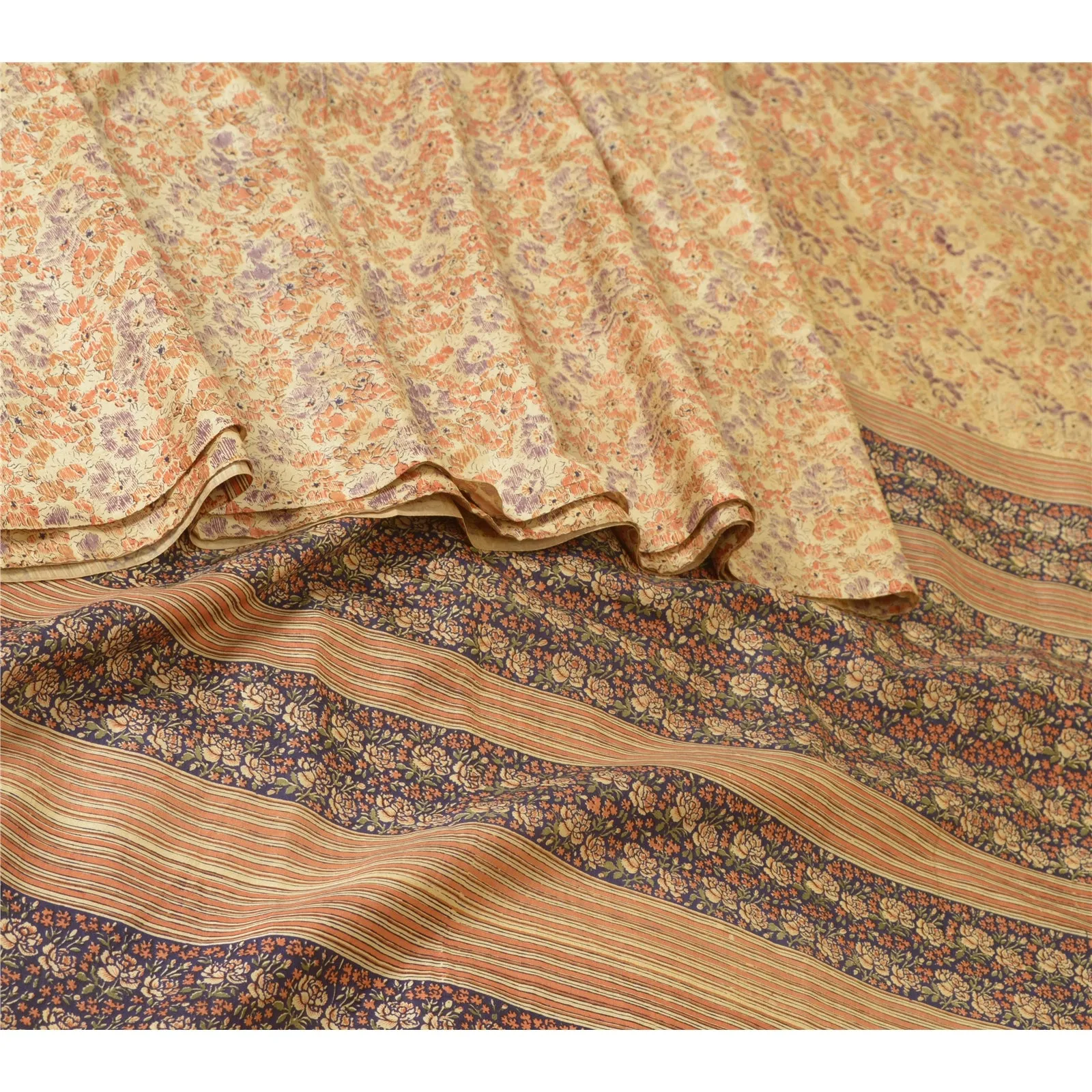 Sanskriti Vintage Sarees Beige 100% Pure Silk Sari Printed 5yd Soft Craft Fabric