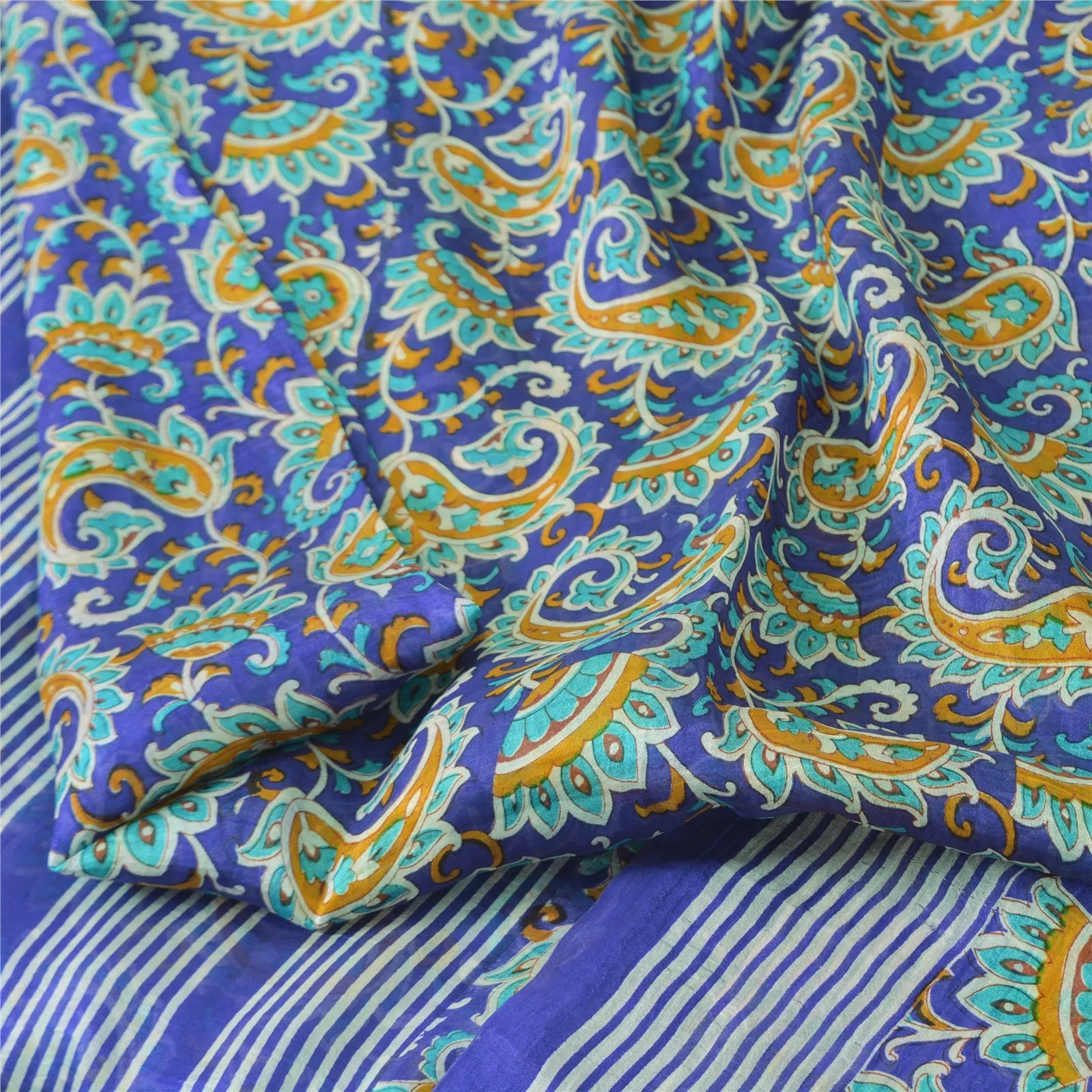 Sanskriti Vintage Sarees Blue Quilting Felting Craft Fabric Pure Silk Print Sari