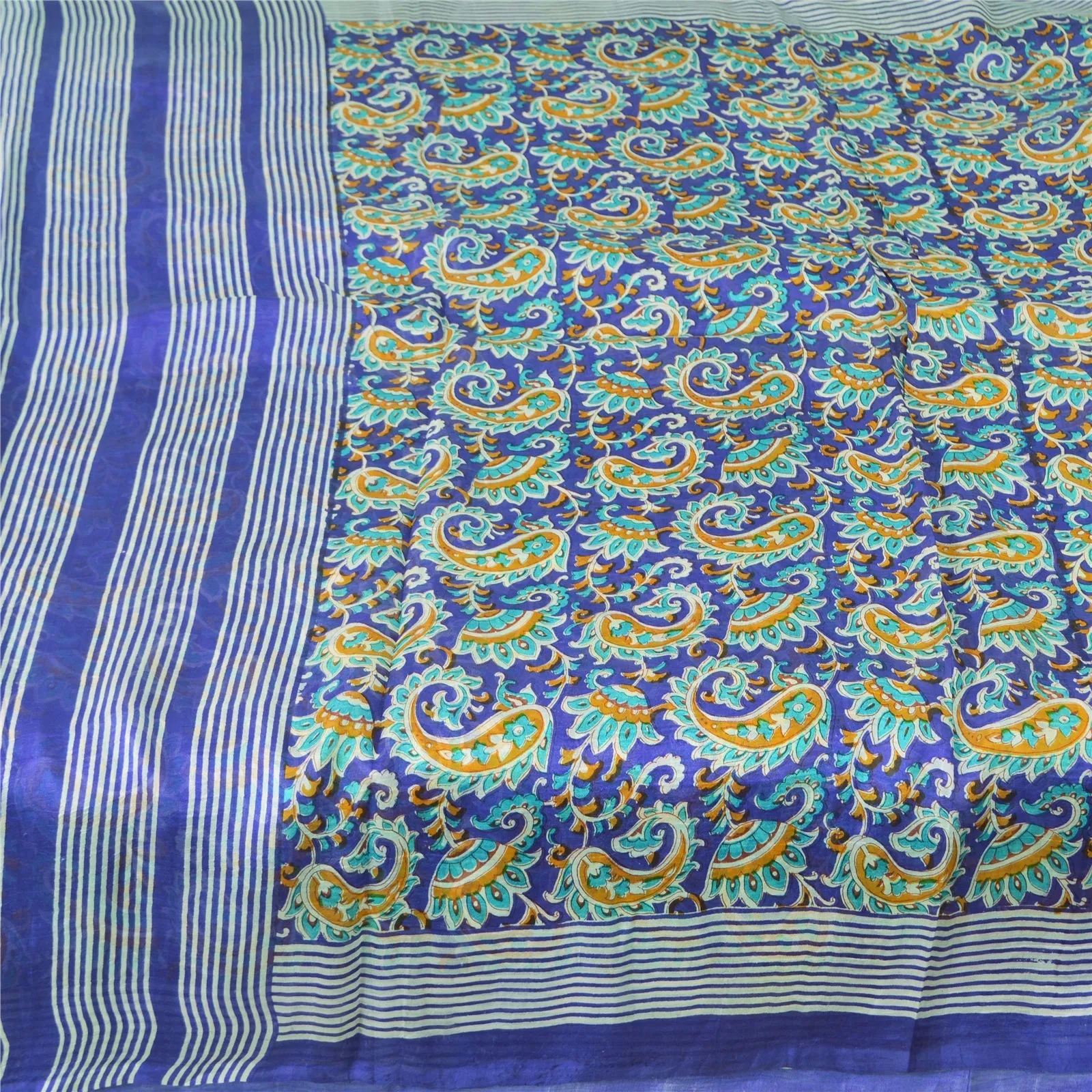 Sanskriti Vintage Sarees Blue Quilting Felting Craft Fabric Pure Silk Print Sari