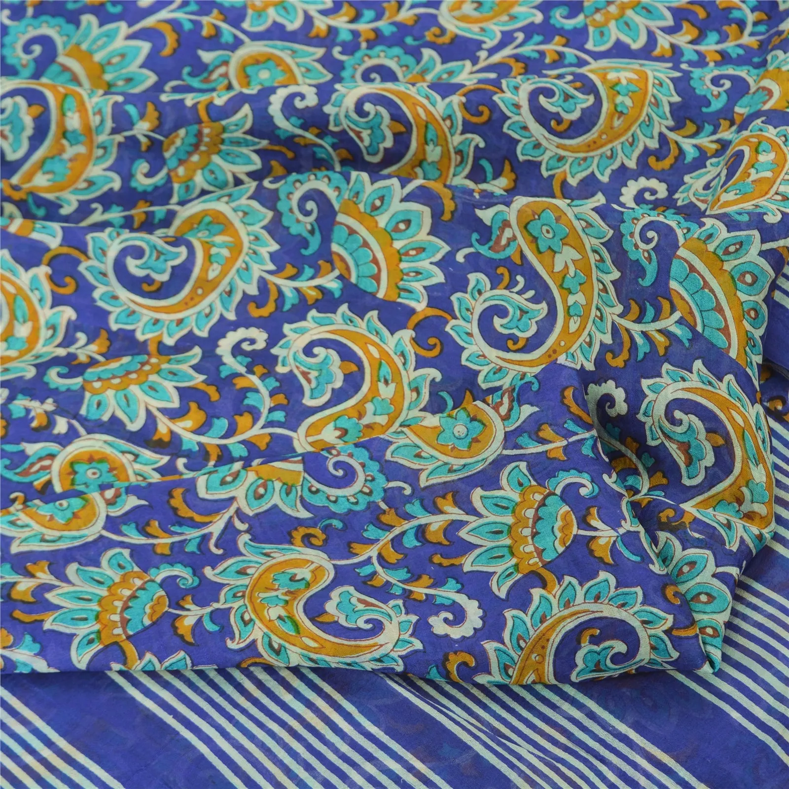 Sanskriti Vintage Sarees Blue Quilting Felting Craft Fabric Pure Silk Print Sari