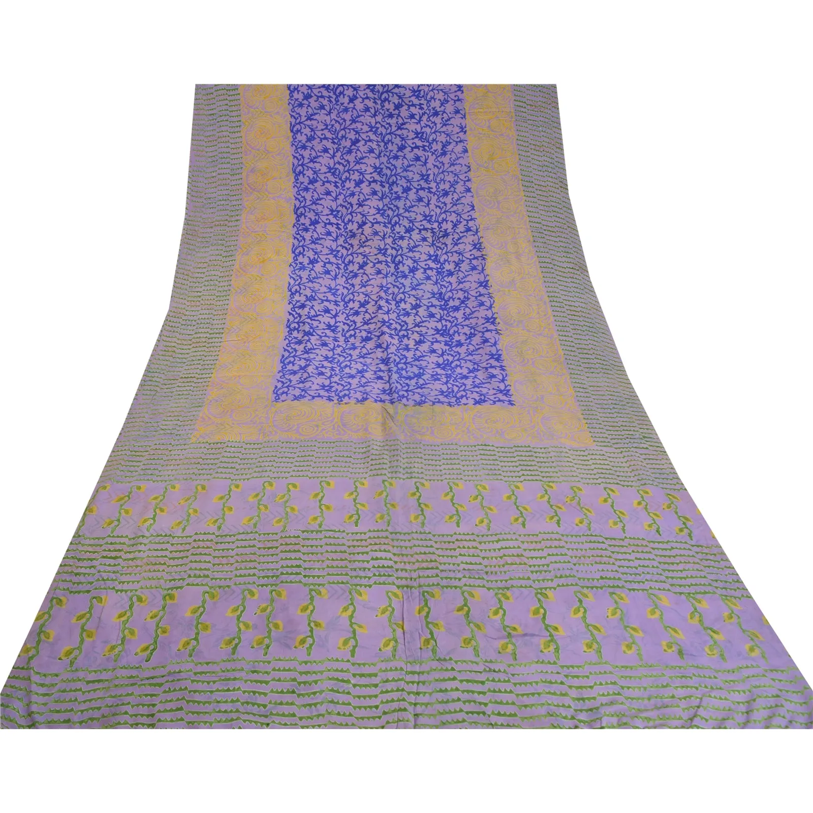 Sanskriti Vintage Sarees Blue/Purple Pure Crepe Silk Printed Sari Craft Fabric