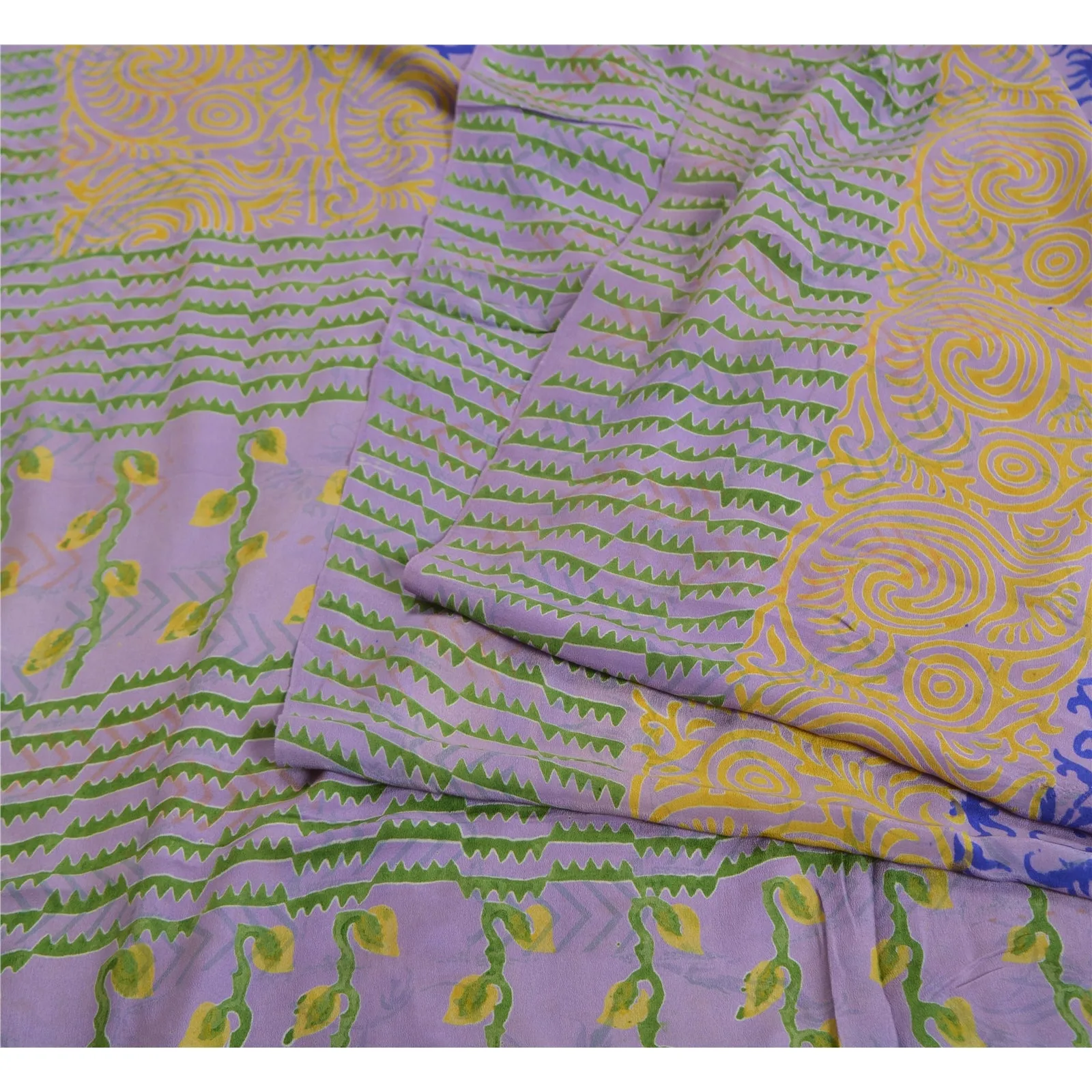 Sanskriti Vintage Sarees Blue/Purple Pure Crepe Silk Printed Sari Craft Fabric