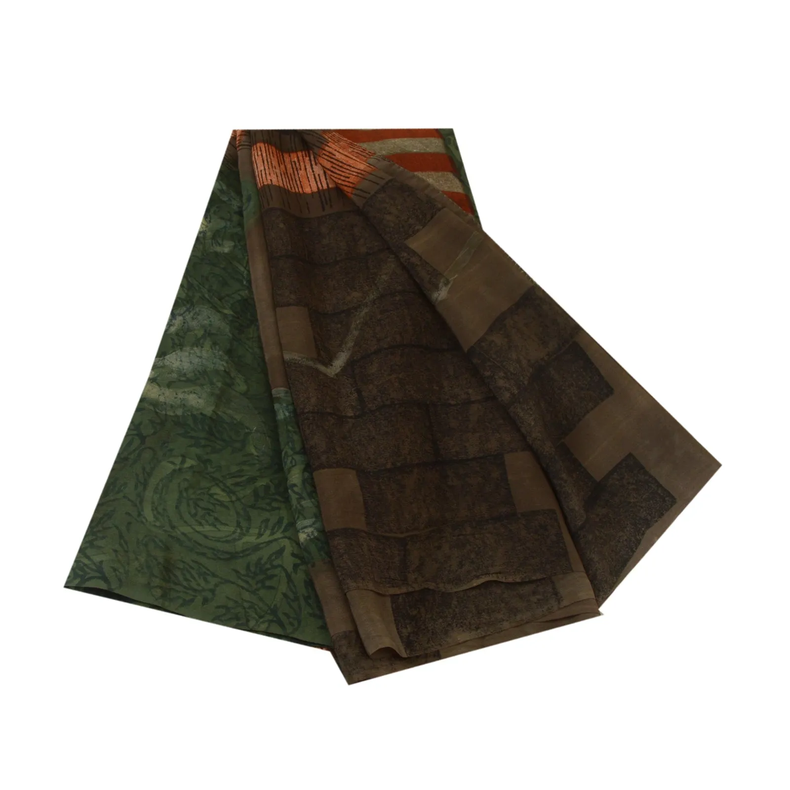 Sanskriti Vintage Sarees Brown/Green Pure Crepe Silk Printed Sari Craft Fabric