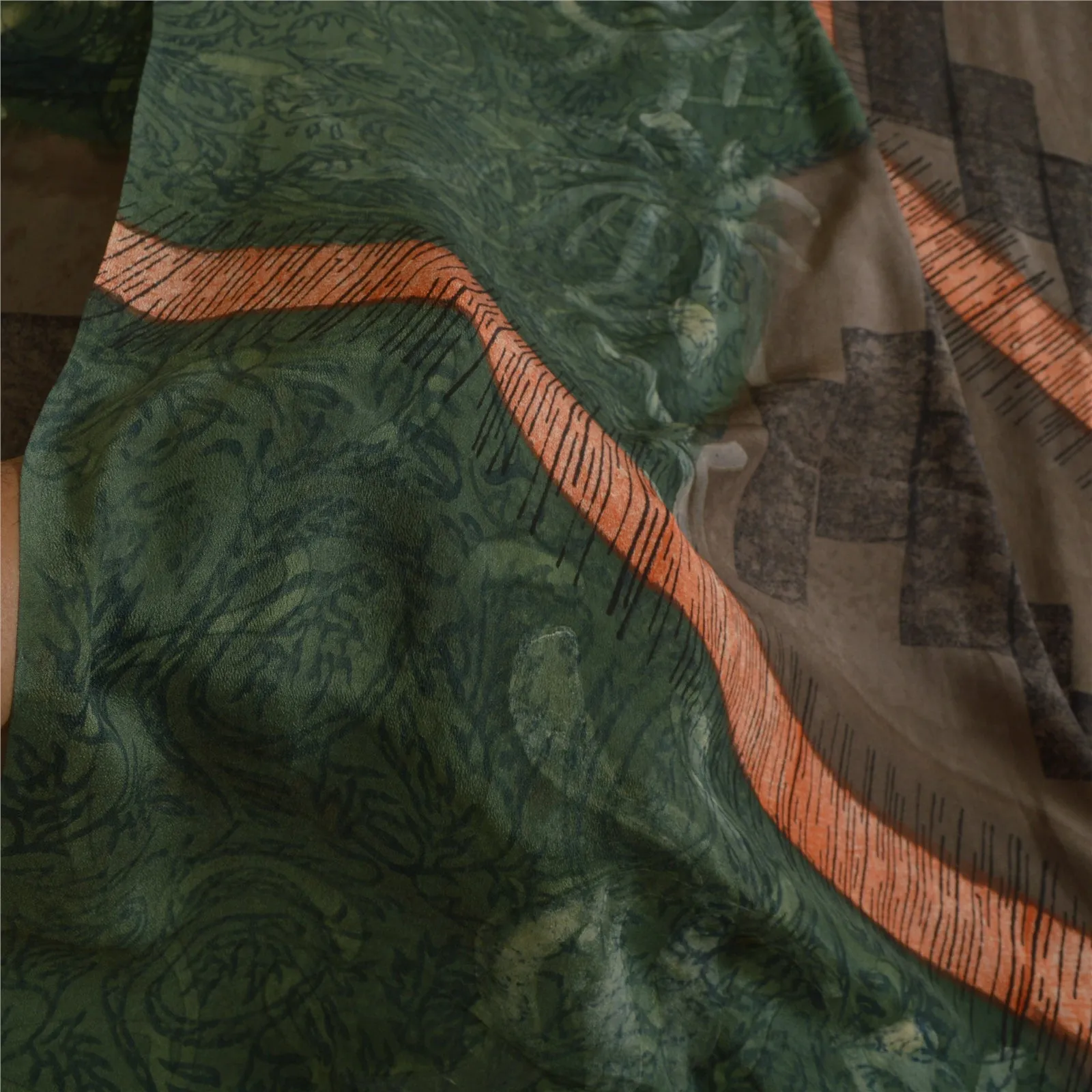 Sanskriti Vintage Sarees Brown/Green Pure Crepe Silk Printed Sari Craft Fabric