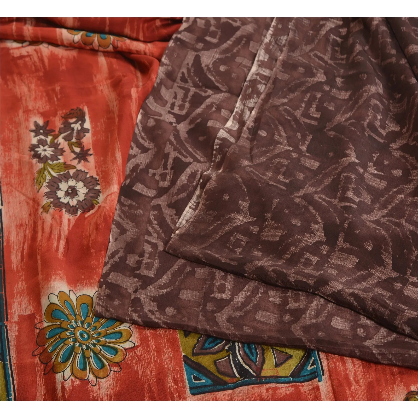 Sanskriti Vintage Sarees Brown/Red Pure Crepe Silk Printed Sari 5yd Craft Fabric