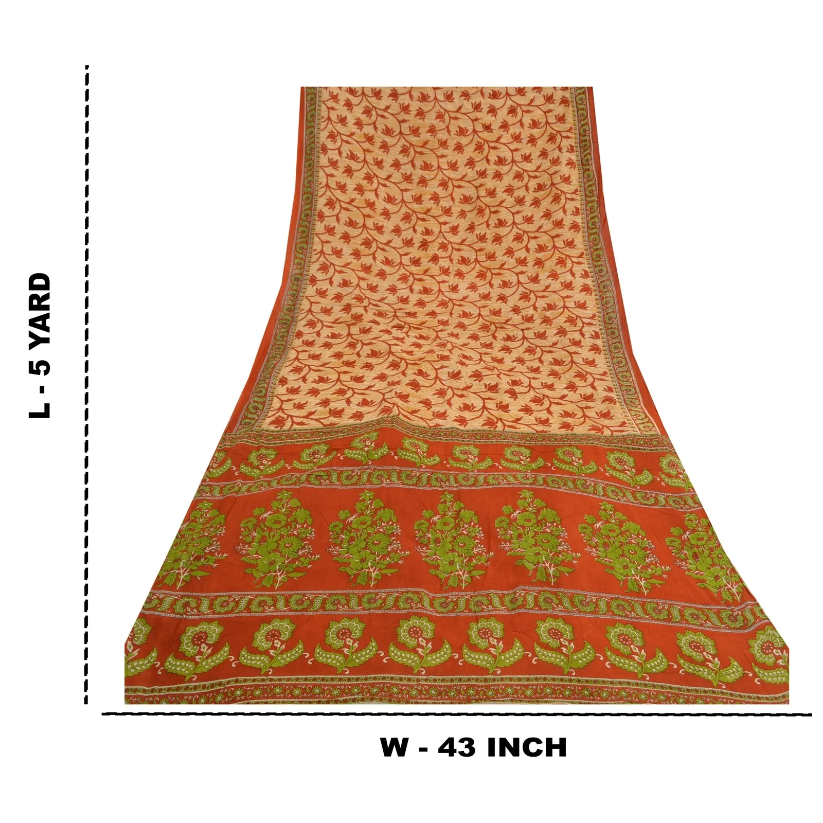 Sanskriti Vintage Sarees Cream & Red Printed Pure Cotton Sari Soft Craft Fabric