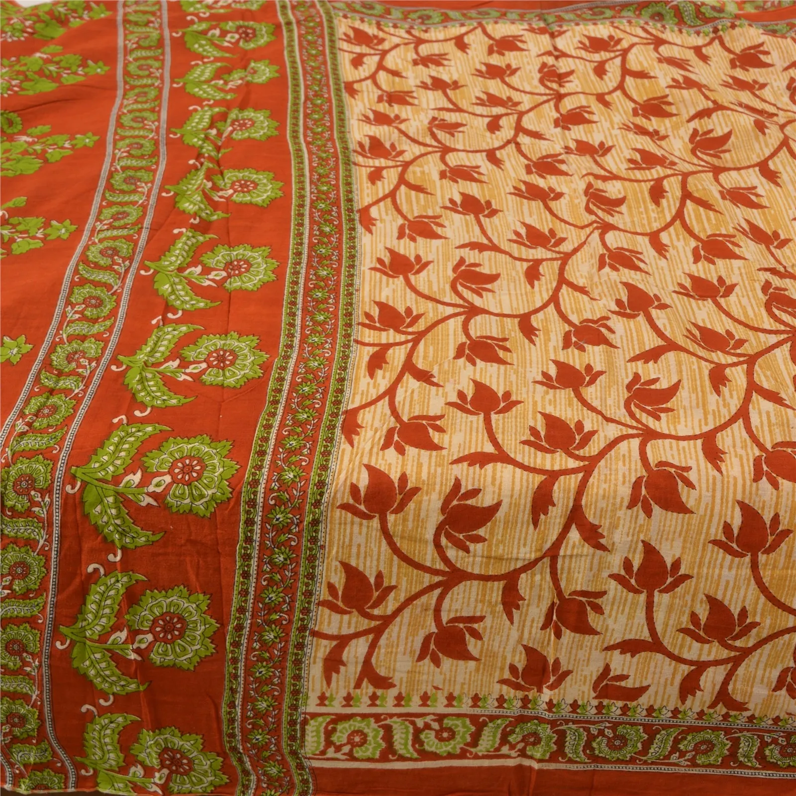 Sanskriti Vintage Sarees Cream & Red Printed Pure Cotton Sari Soft Craft Fabric