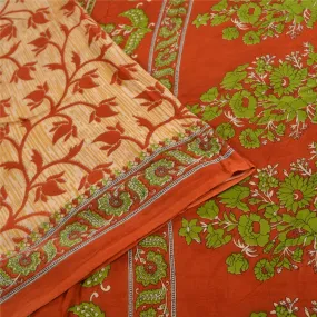 Sanskriti Vintage Sarees Cream & Red Printed Pure Cotton Sari Soft Craft Fabric