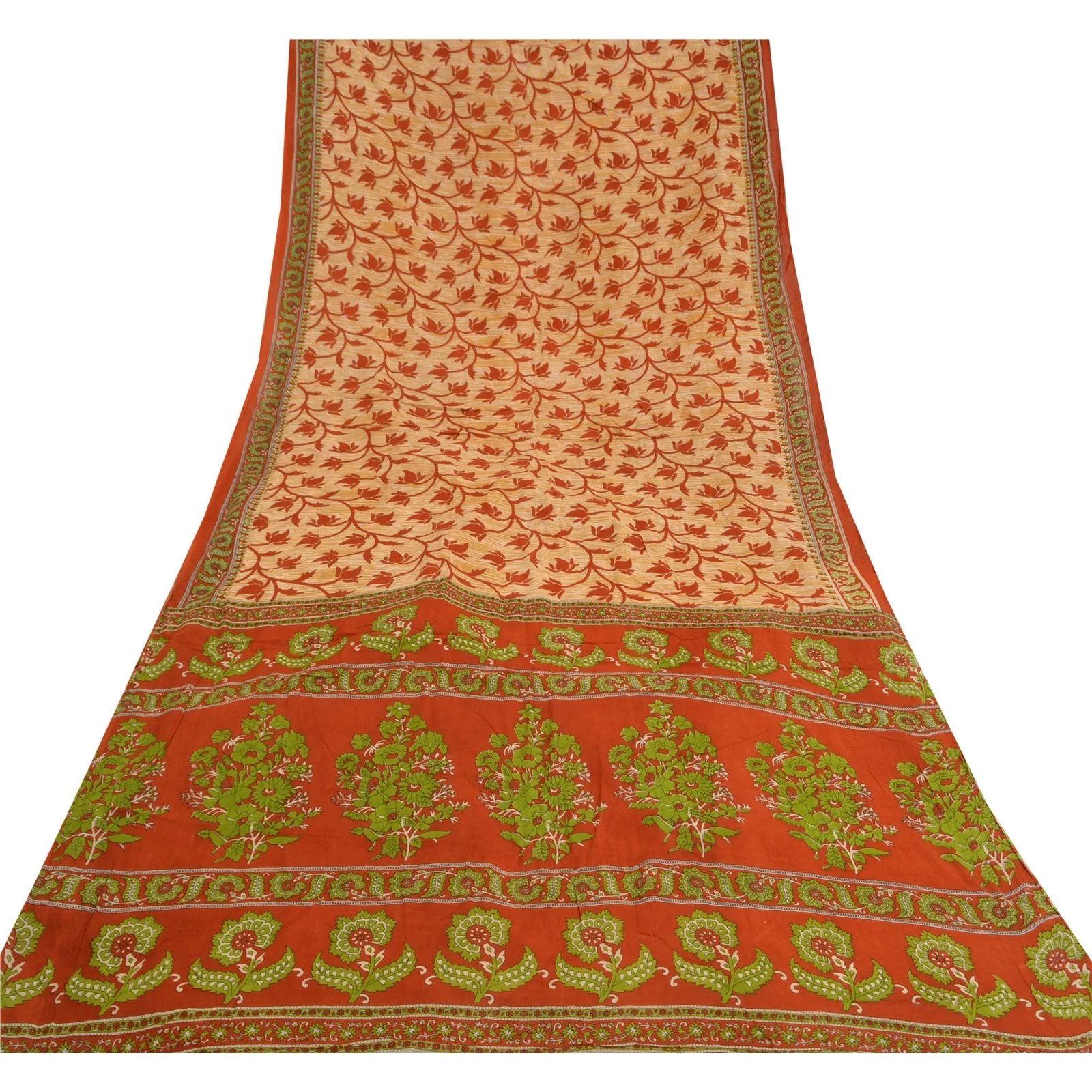 Sanskriti Vintage Sarees Cream & Red Printed Pure Cotton Sari Soft Craft Fabric