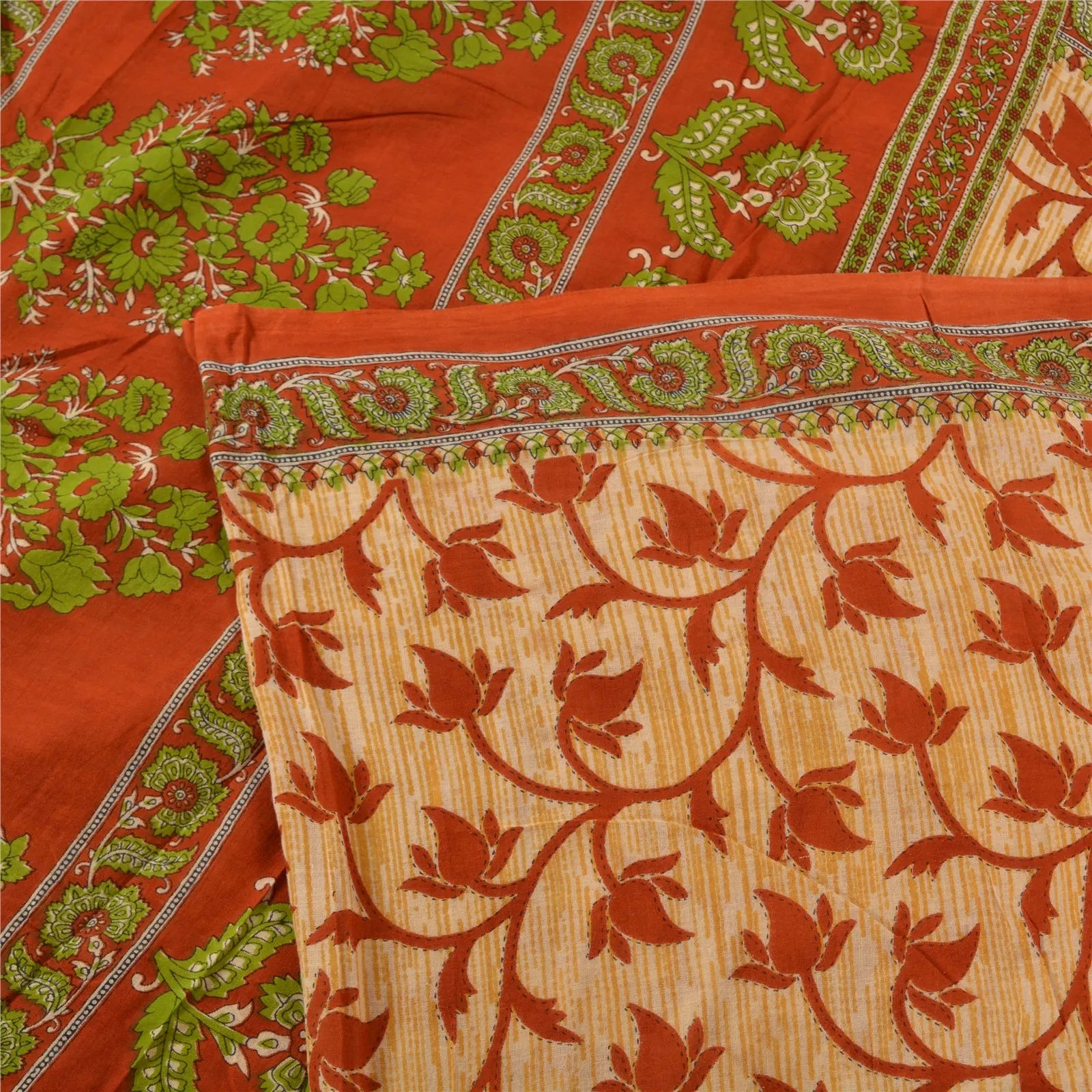 Sanskriti Vintage Sarees Cream & Red Printed Pure Cotton Sari Soft Craft Fabric