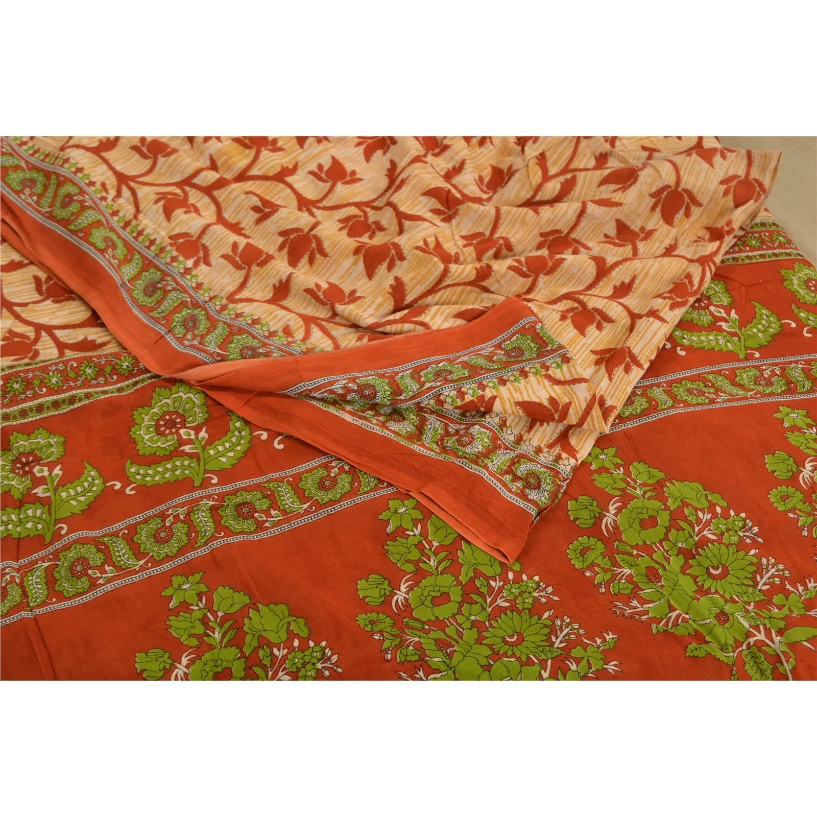 Sanskriti Vintage Sarees Cream & Red Printed Pure Cotton Sari Soft Craft Fabric