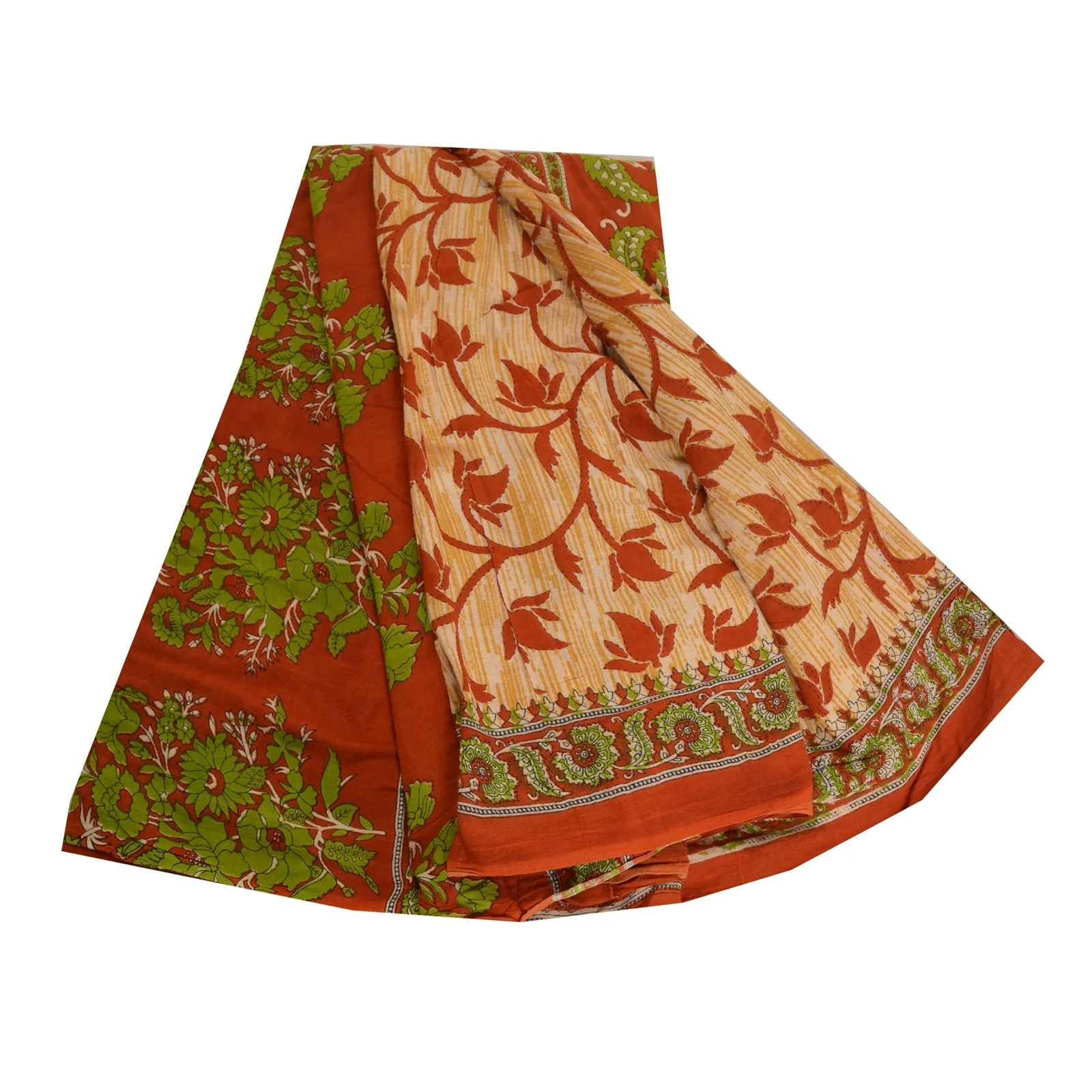 Sanskriti Vintage Sarees Cream & Red Printed Pure Cotton Sari Soft Craft Fabric