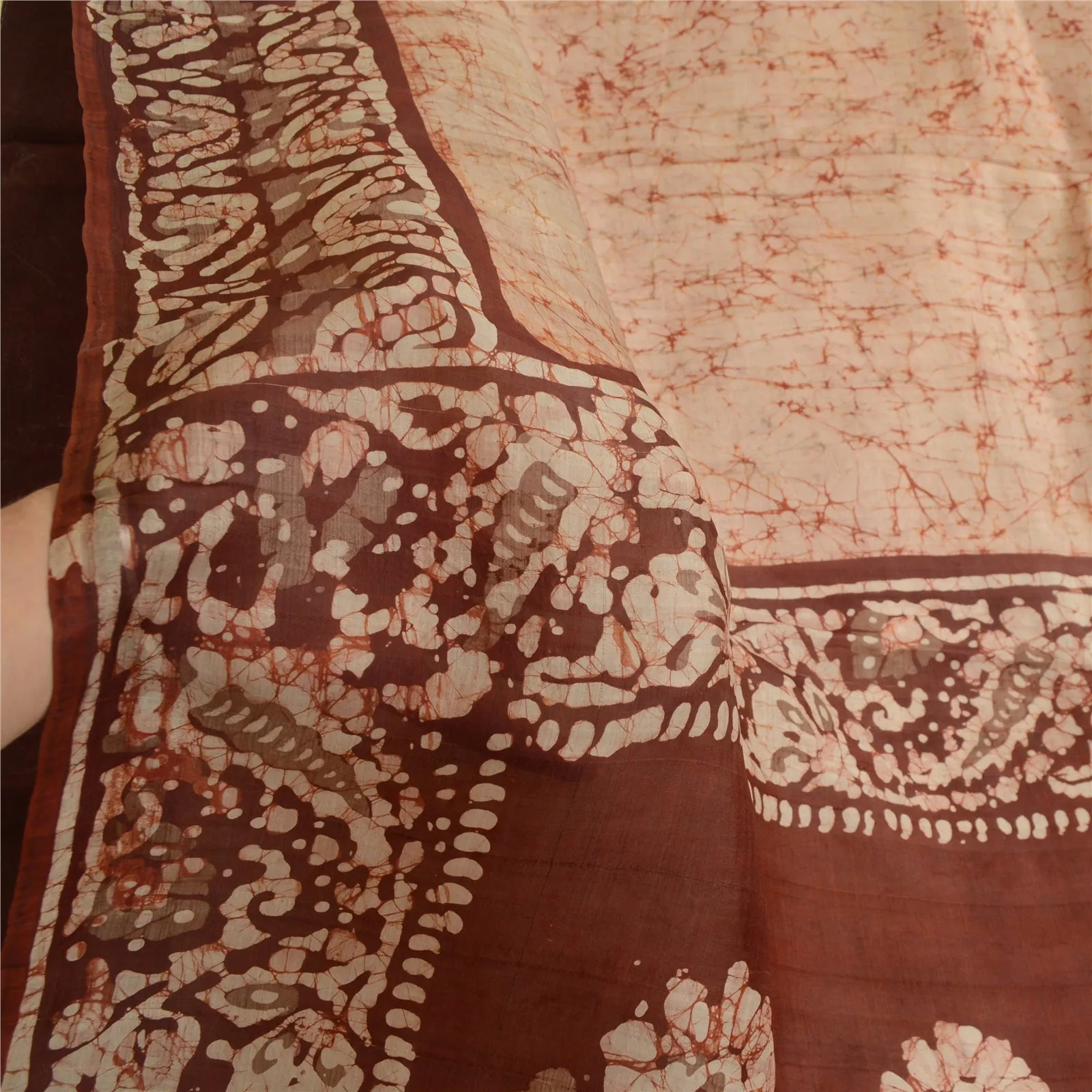 Sanskriti Vintage Sarees Cream/Brown Batik Printed Pure Silk Sari Craft Fabric