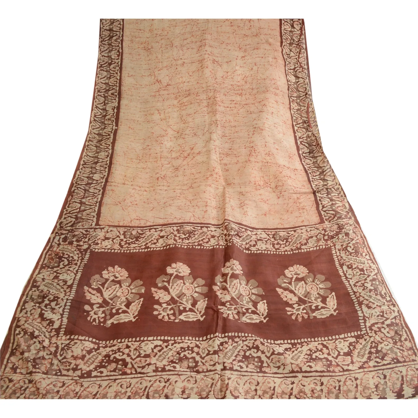 Sanskriti Vintage Sarees Cream/Brown Batik Printed Pure Silk Sari Craft Fabric