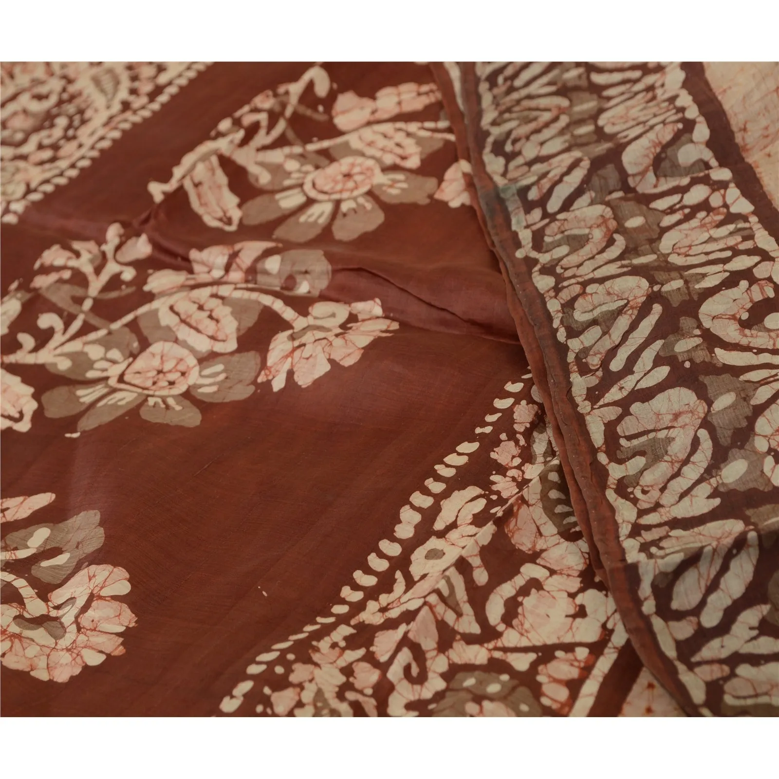 Sanskriti Vintage Sarees Cream/Brown Batik Printed Pure Silk Sari Craft Fabric