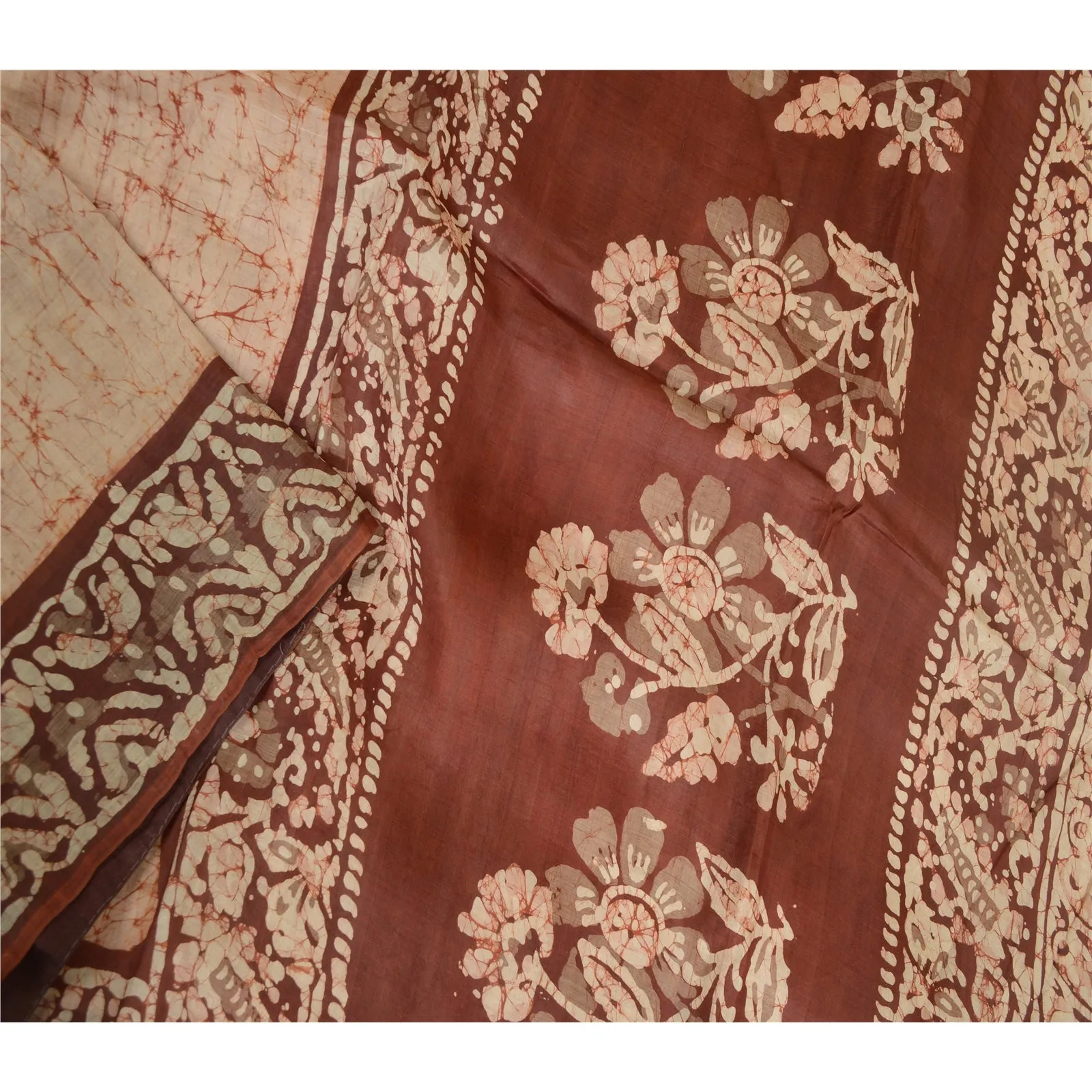 Sanskriti Vintage Sarees Cream/Brown Batik Printed Pure Silk Sari Craft Fabric