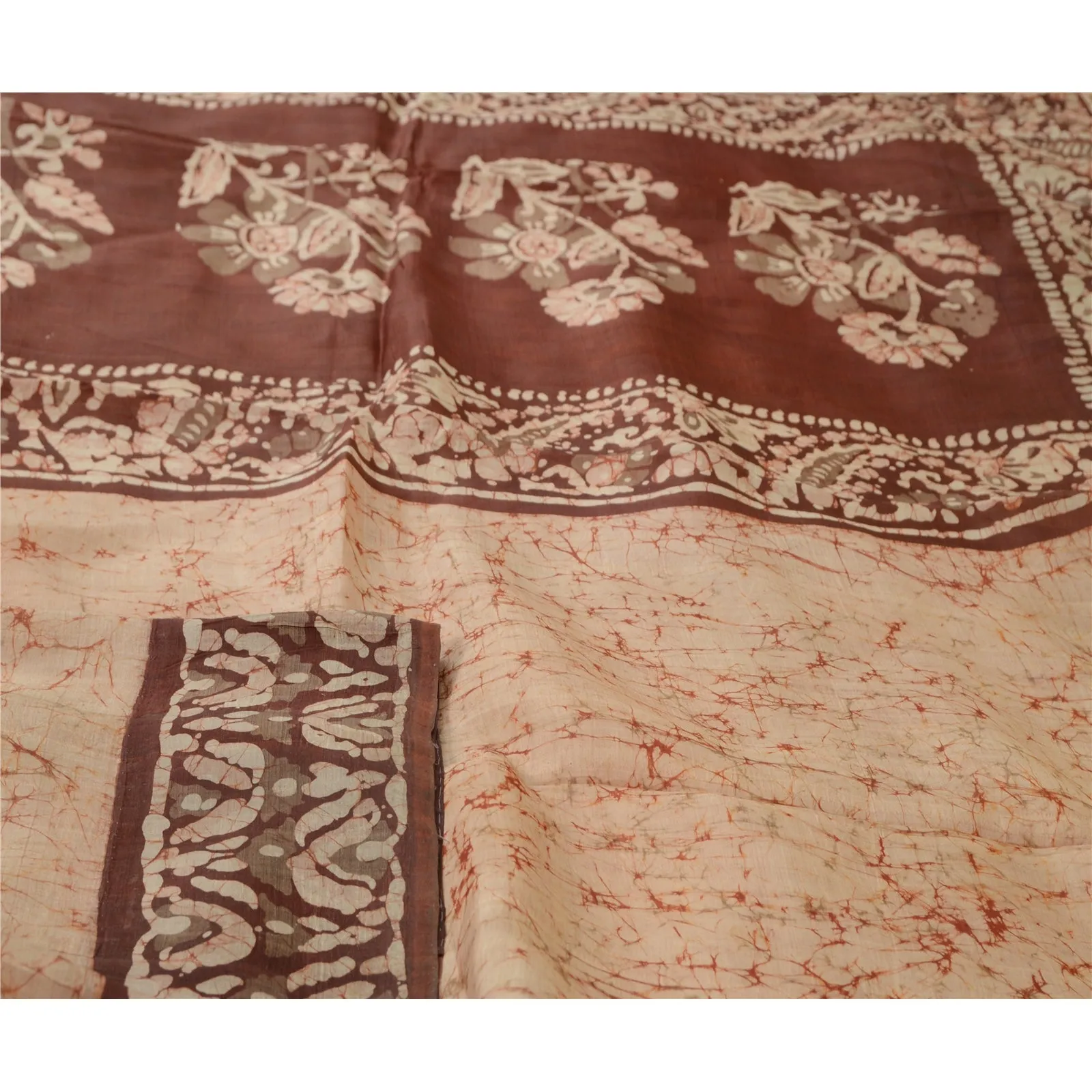 Sanskriti Vintage Sarees Cream/Brown Batik Printed Pure Silk Sari Craft Fabric