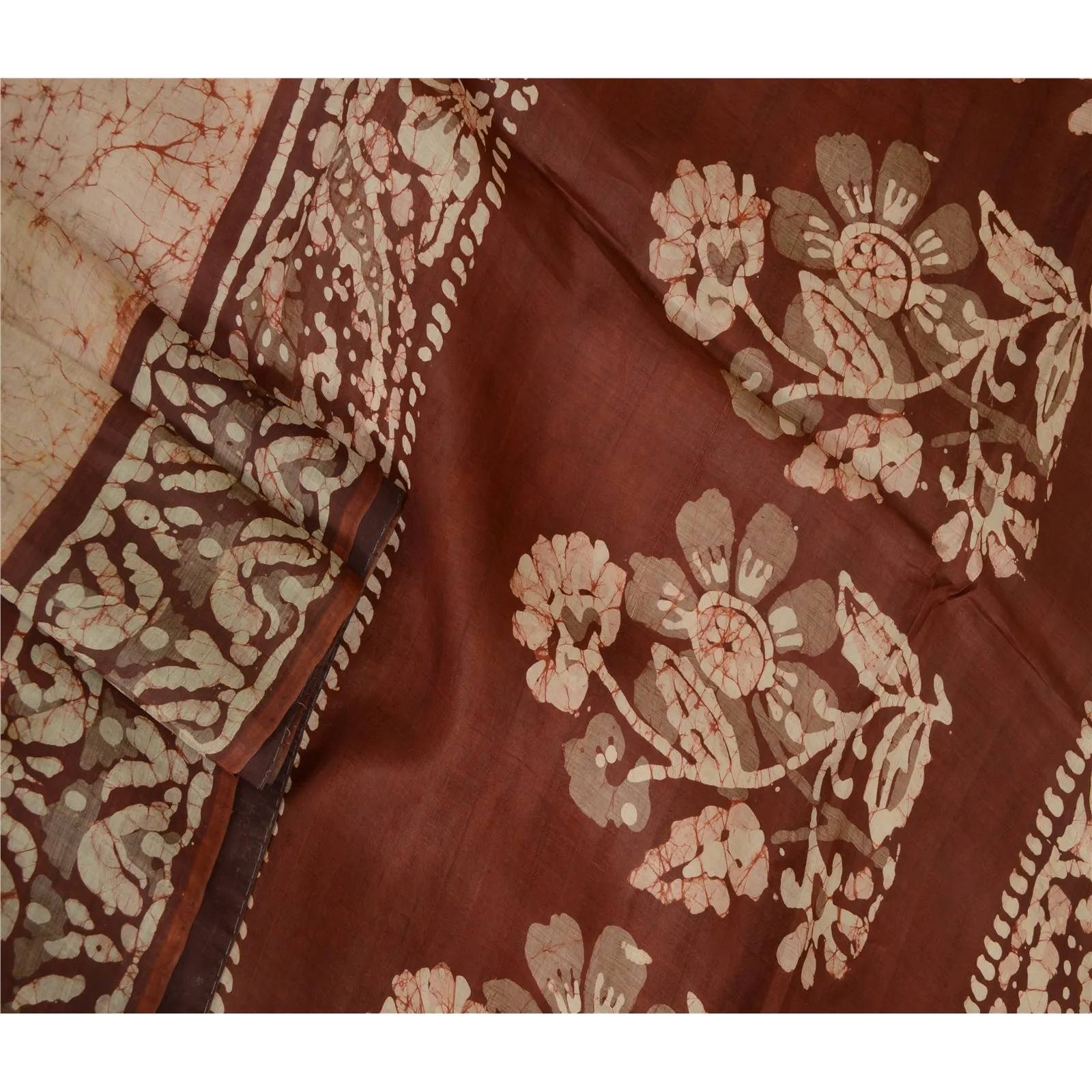 Sanskriti Vintage Sarees Cream/Brown Batik Printed Pure Silk Sari Craft Fabric