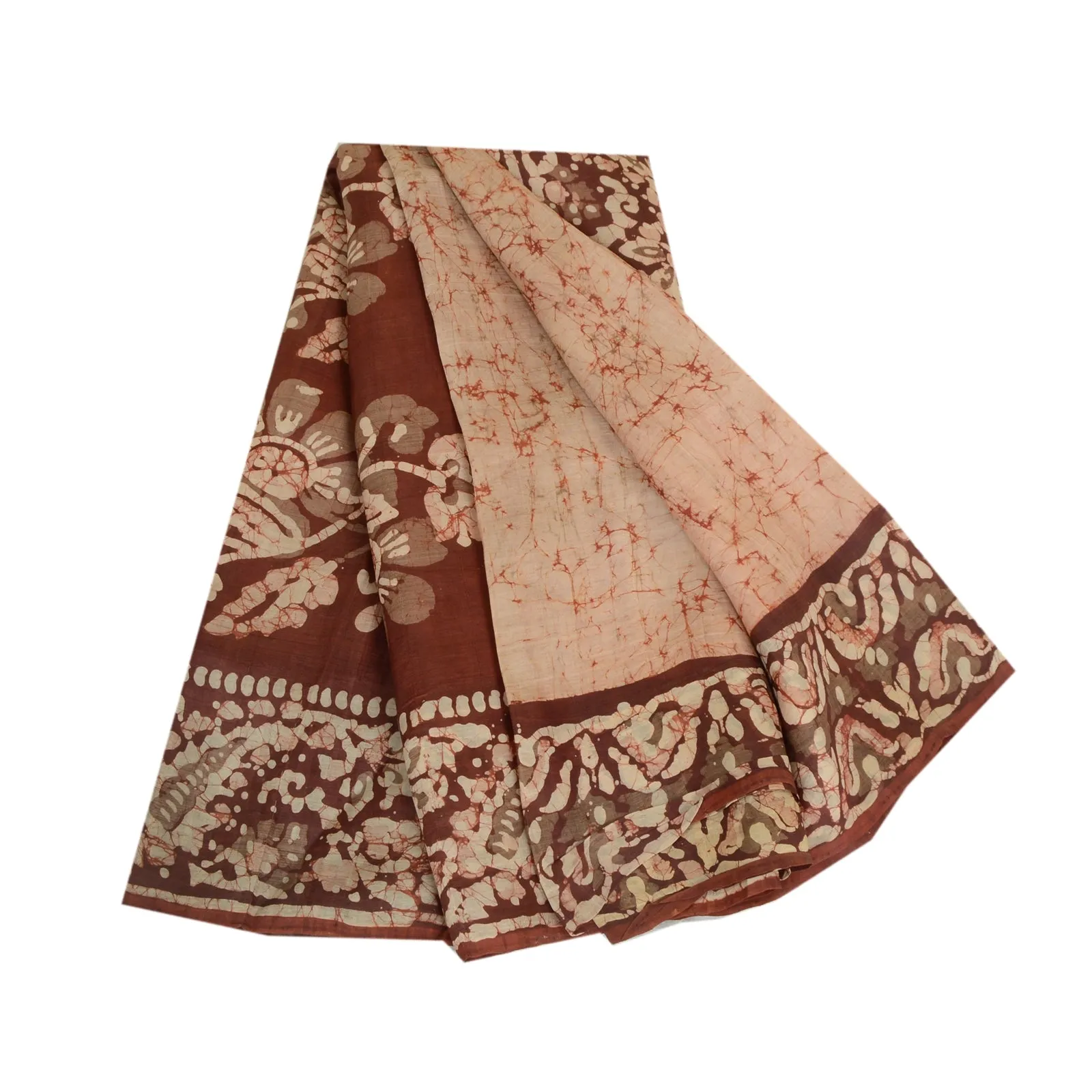 Sanskriti Vintage Sarees Cream/Brown Batik Printed Pure Silk Sari Craft Fabric