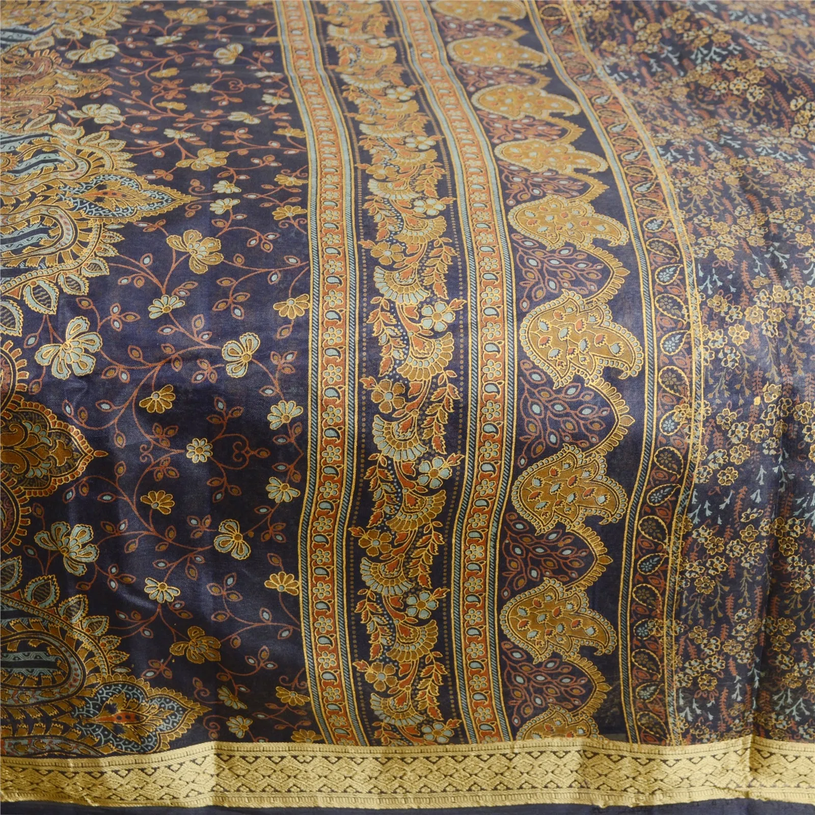 Sanskriti Vintage Sarees From India Blue Pure Silk Printed Sari 5yd Craft Fabric