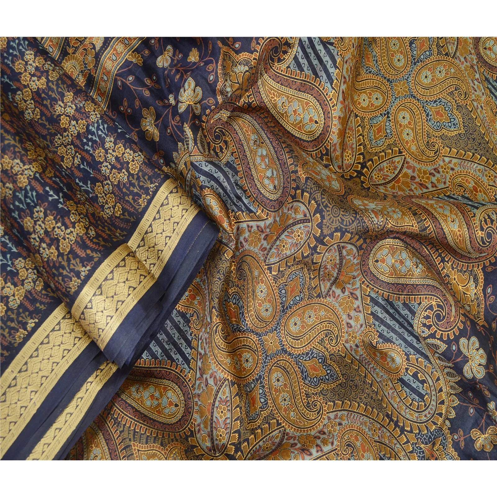 Sanskriti Vintage Sarees From India Blue Pure Silk Printed Sari 5yd Craft Fabric