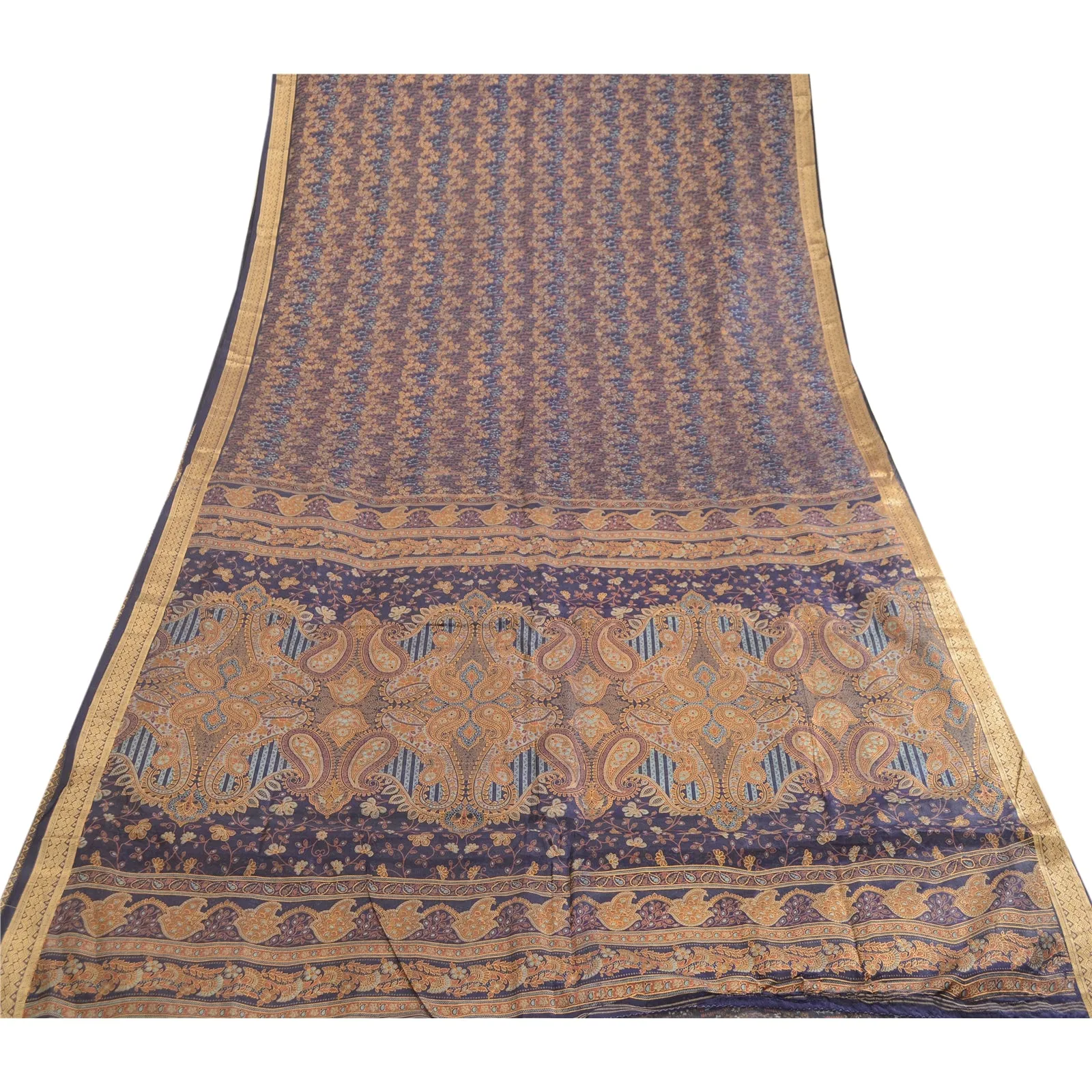 Sanskriti Vintage Sarees From India Blue Pure Silk Printed Sari 5yd Craft Fabric