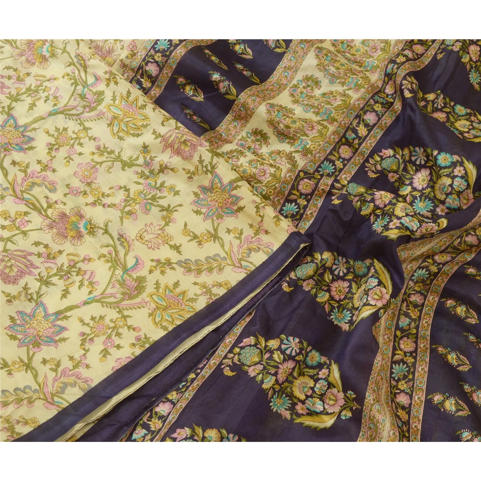 Sanskriti Vintage Sarees From India Ivory Pure Silk Printed Sari Craft Fabric