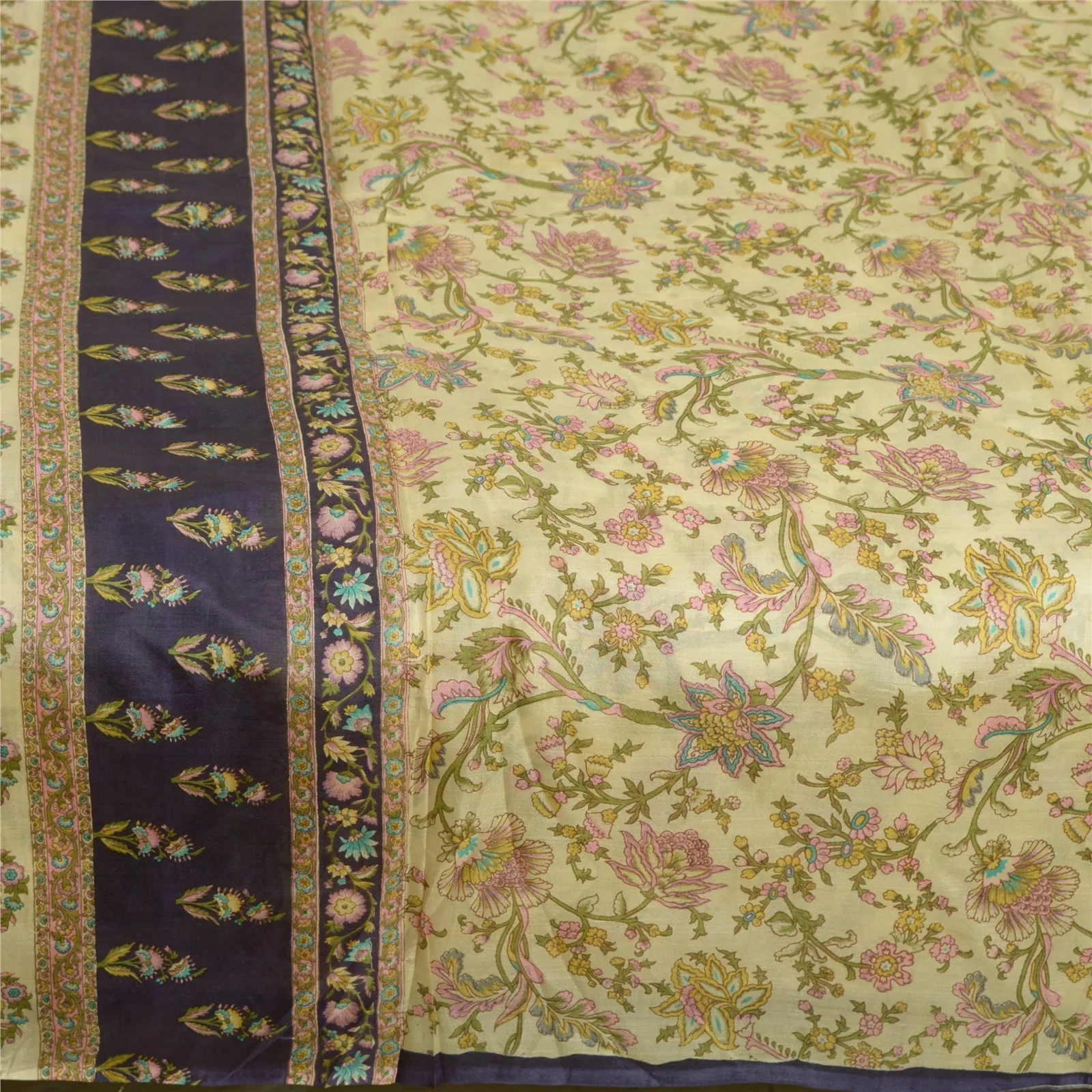 Sanskriti Vintage Sarees From India Ivory Pure Silk Printed Sari Craft Fabric