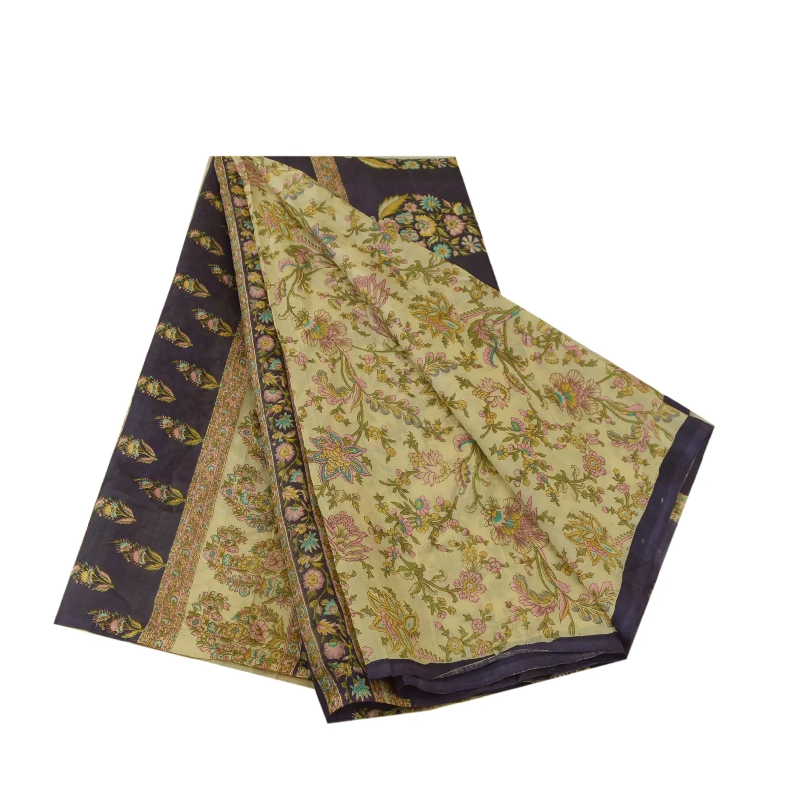 Sanskriti Vintage Sarees From India Ivory Pure Silk Printed Sari Craft Fabric