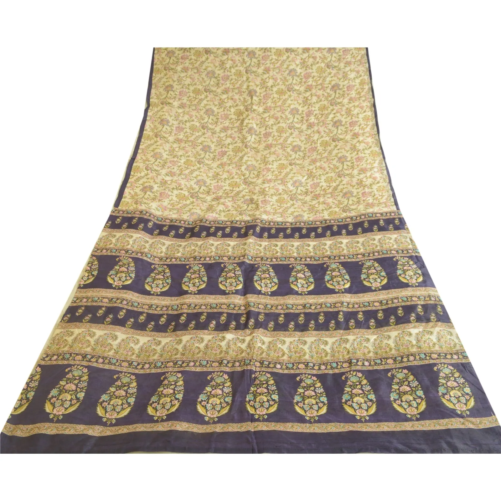 Sanskriti Vintage Sarees From India Ivory Pure Silk Printed Sari Craft Fabric